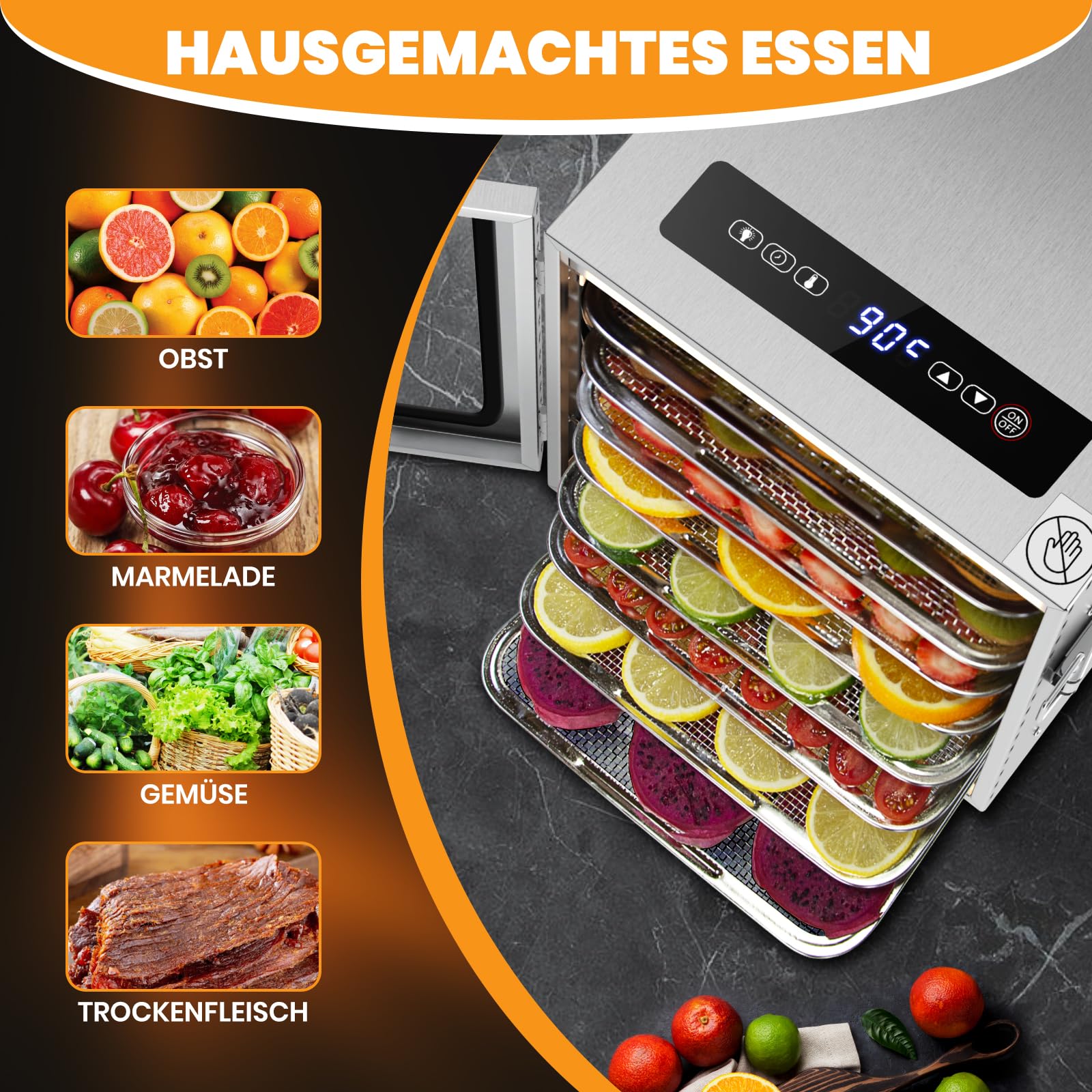 Suszarka ze stali nierdzewnej, 10 poziomów, 0,84 ㎡ powierzchnia suszenia, 30-90°C, duża suszarka do owoców, 800 W, do warzyw, mięsa, pomidorów, 316 tac (29 x 29 cm)