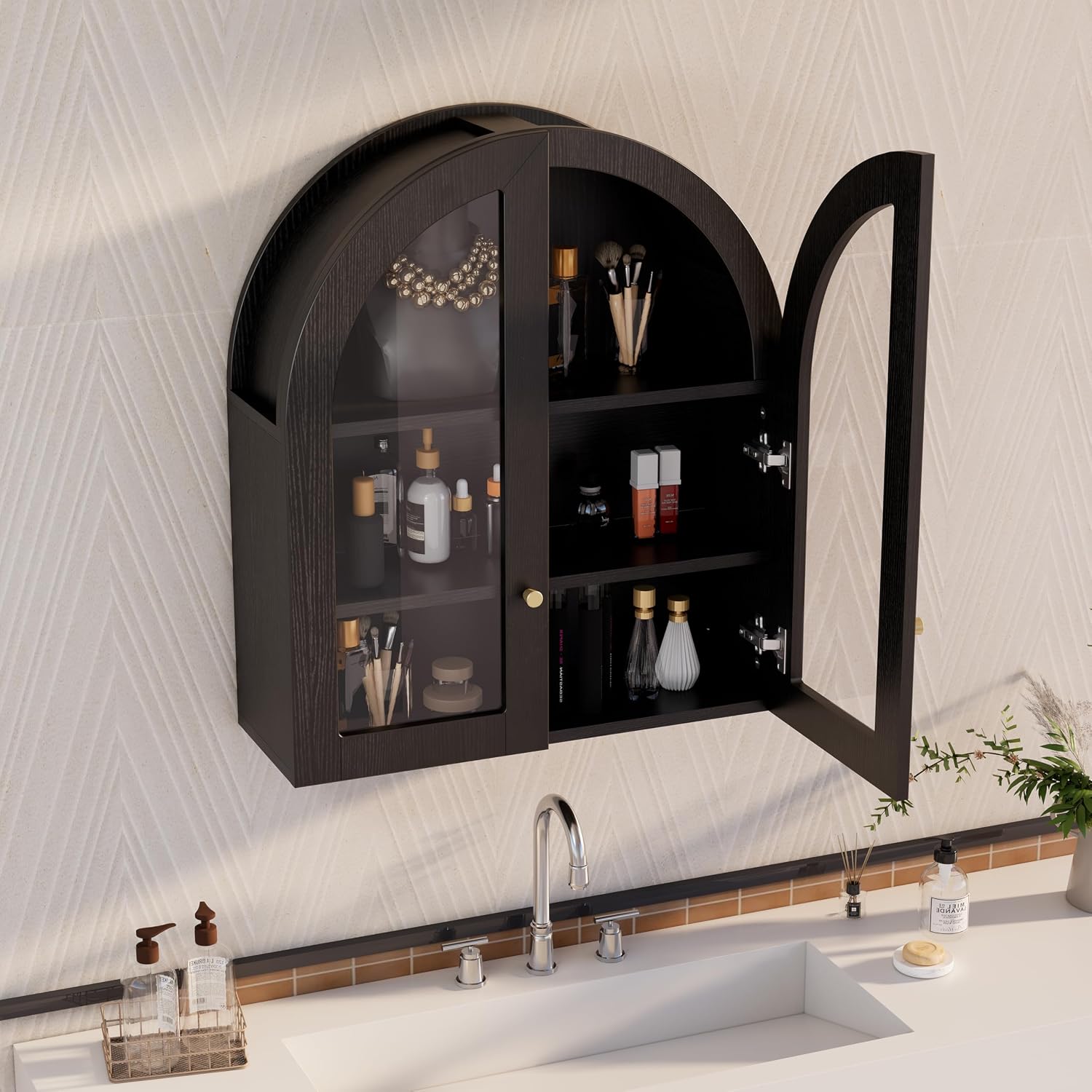 Arched Wall Cabinet, Black Wood Grain Bathroom Cabinet, Wall Mounted Medicine Cabinet with Tempered Glass Door & Adjustable Shelf, Modern Floating Storage Organizer for Home