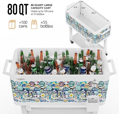 Vista 18 de VINGLI Baúl de hielo rodante de 80 cuartos de galón, carrito portátil para fiestas en el patio, bar, con estante, piscina de bebidas con abridor