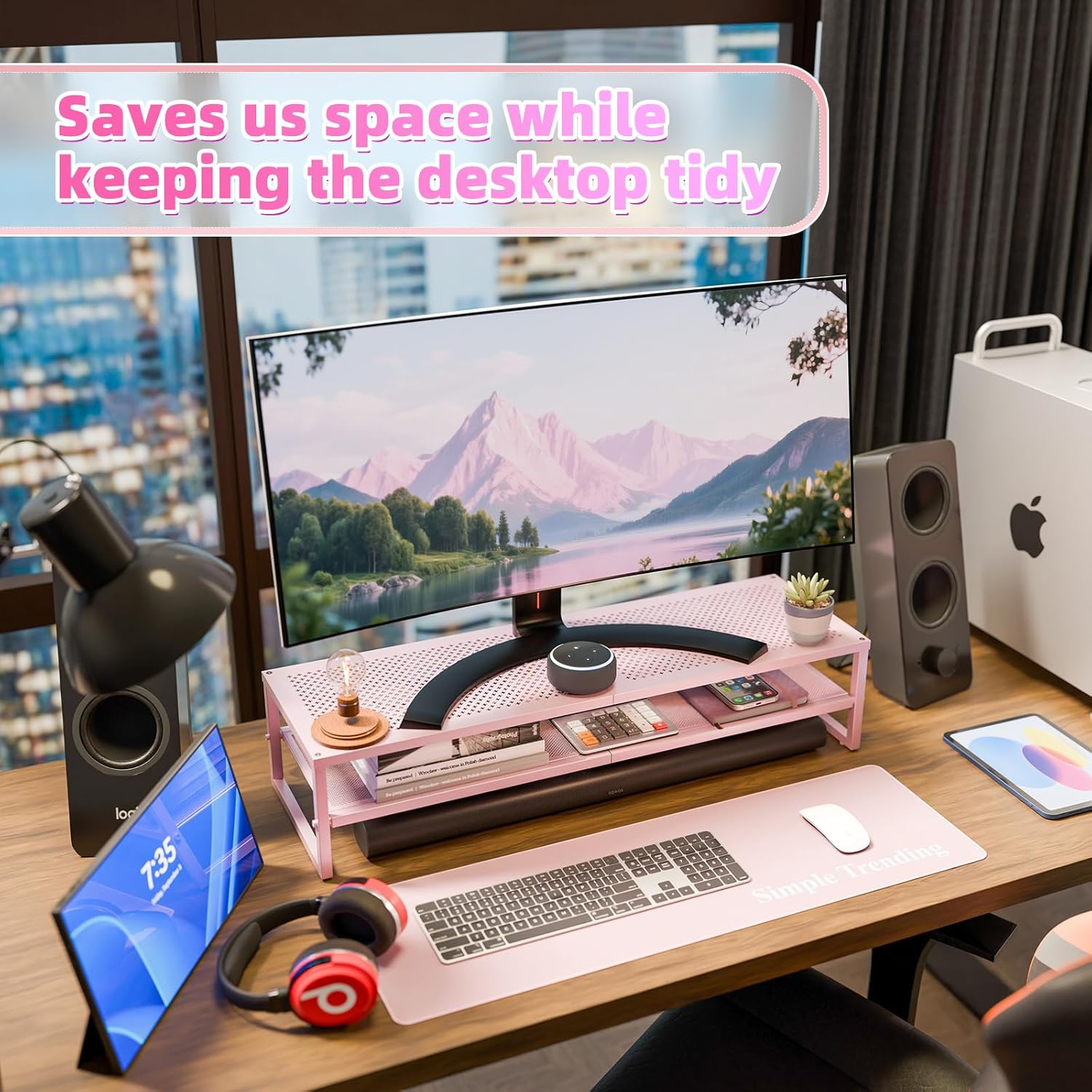 Simple Trending 2 Tier Metal Dual Monitor Stand Riser, Computer Office Desktop Organizer for 2 Monitors with 32"x10" Mouse Pad for Laptop, Printer, TV, Pink