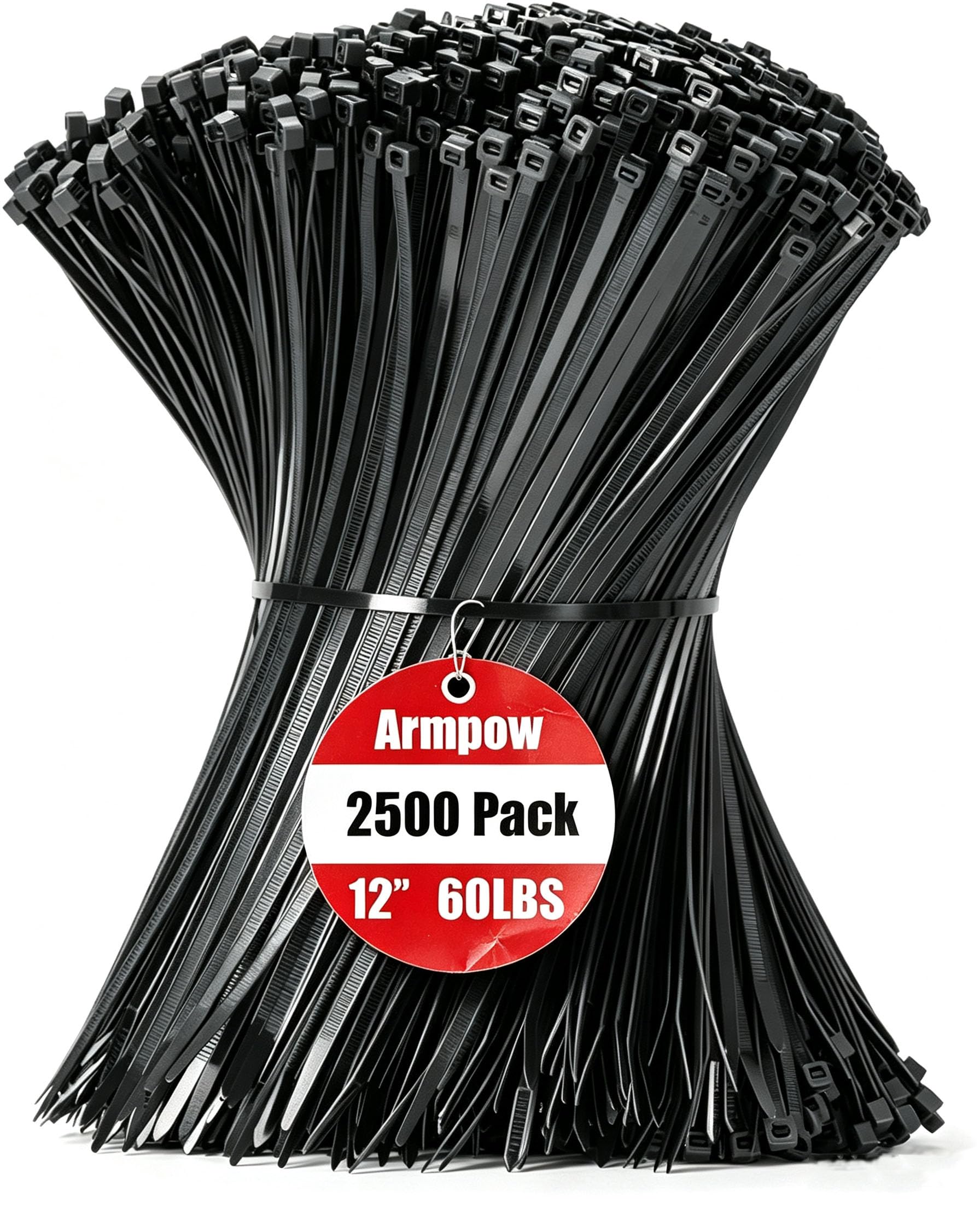 Armpow 12 Inch Black Zip Tie 2500 PCS, 60 Lbs - Small to Medium Zip Tie, Nylon PA66 UV Resistant Cable Tie Heavy Duty for Indoor and Outdoor Use - Ideal for bundling and securing objects
