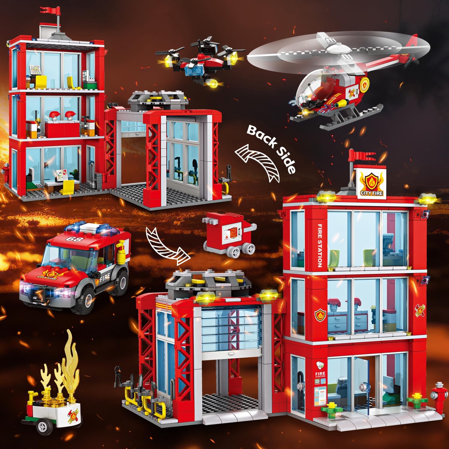 City Fire Station Building Kit, Compatible with Lego Fire Rescue Building Blocks, Includes Fire Station, Fire Truck, Fire Helicopter and Drone Toy Set Gift for Kids Boys Girls Age 6-12（784 PCS）
