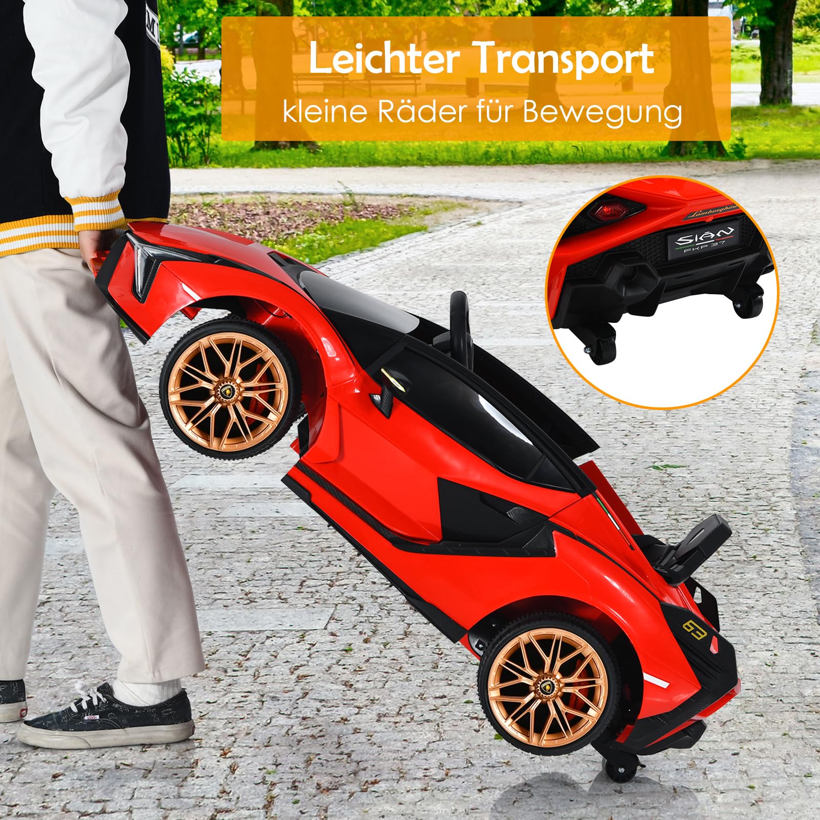 GOPLUS Samochód elektryczny dla dzieci Lamborghini, samochód dziecięcy z pilotem zdalnego sterowania, pojazd dziecięcy, Bluetooth USB, z klaksonem i muzyką, 3-5 km/h, możliwość jazdy do przodu i do