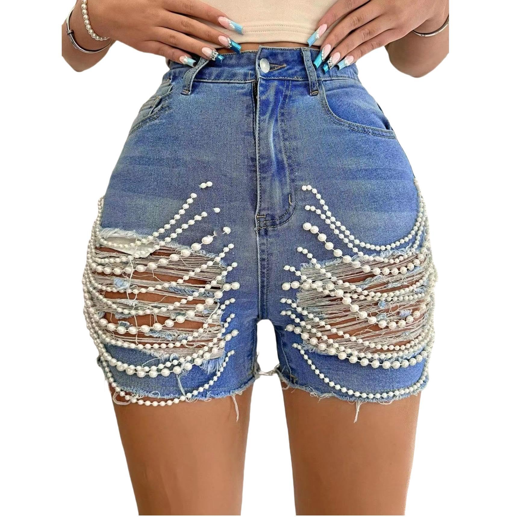 lovecarnation Women's Sexy Shorts Pearl Beaded High Waist Stretch Hotpants Rave Pants Party Clubwear YMT329 Blue XL