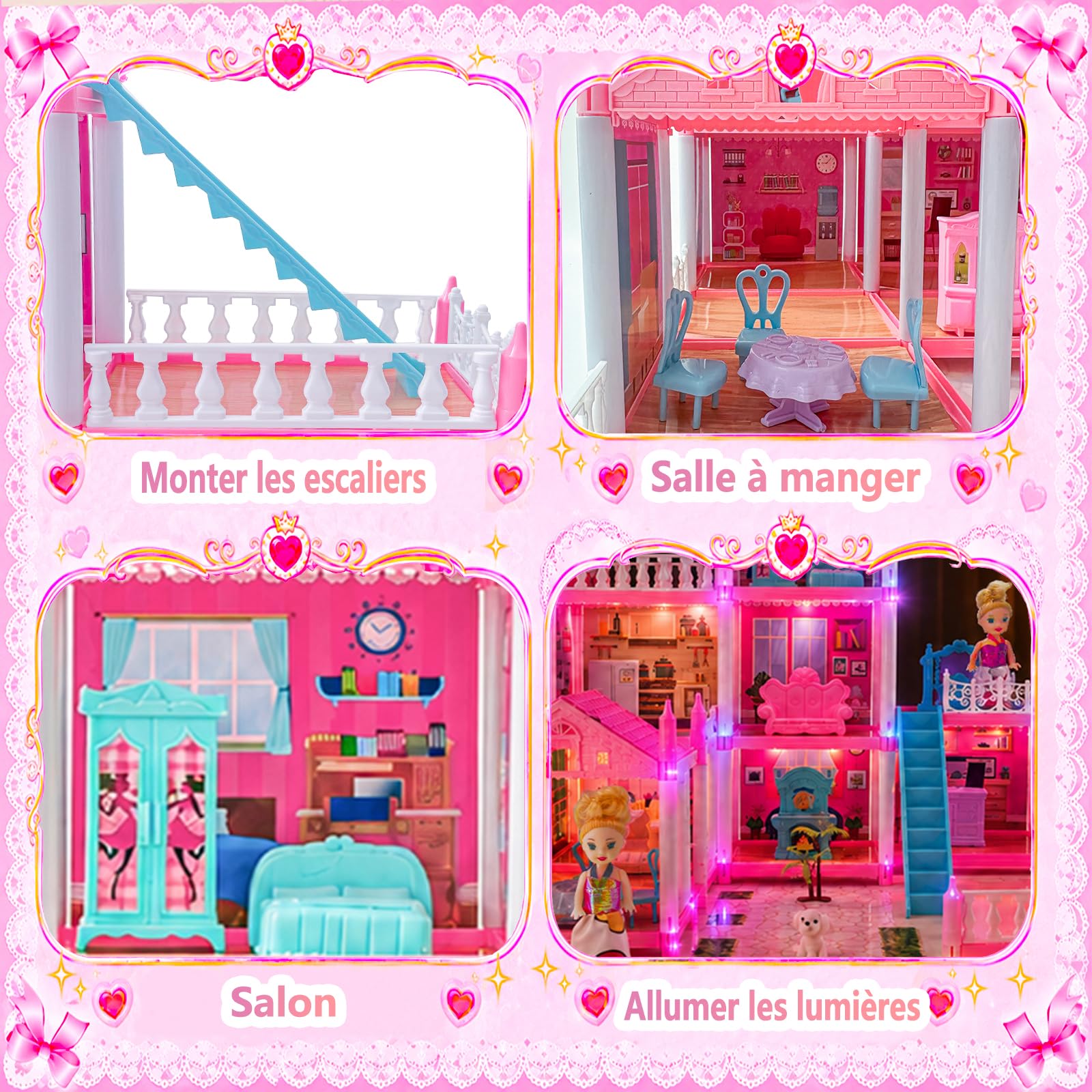 Maison de Poupée de pour Filles avec Lumières, 4 Poupées, Tapis de Jeu et Accessoires de Mobilier – Grande Maison de Poupée à Plusieurs Étages, Jeu d’Imitation, Cadeau pour Enfants dès 3 Ans