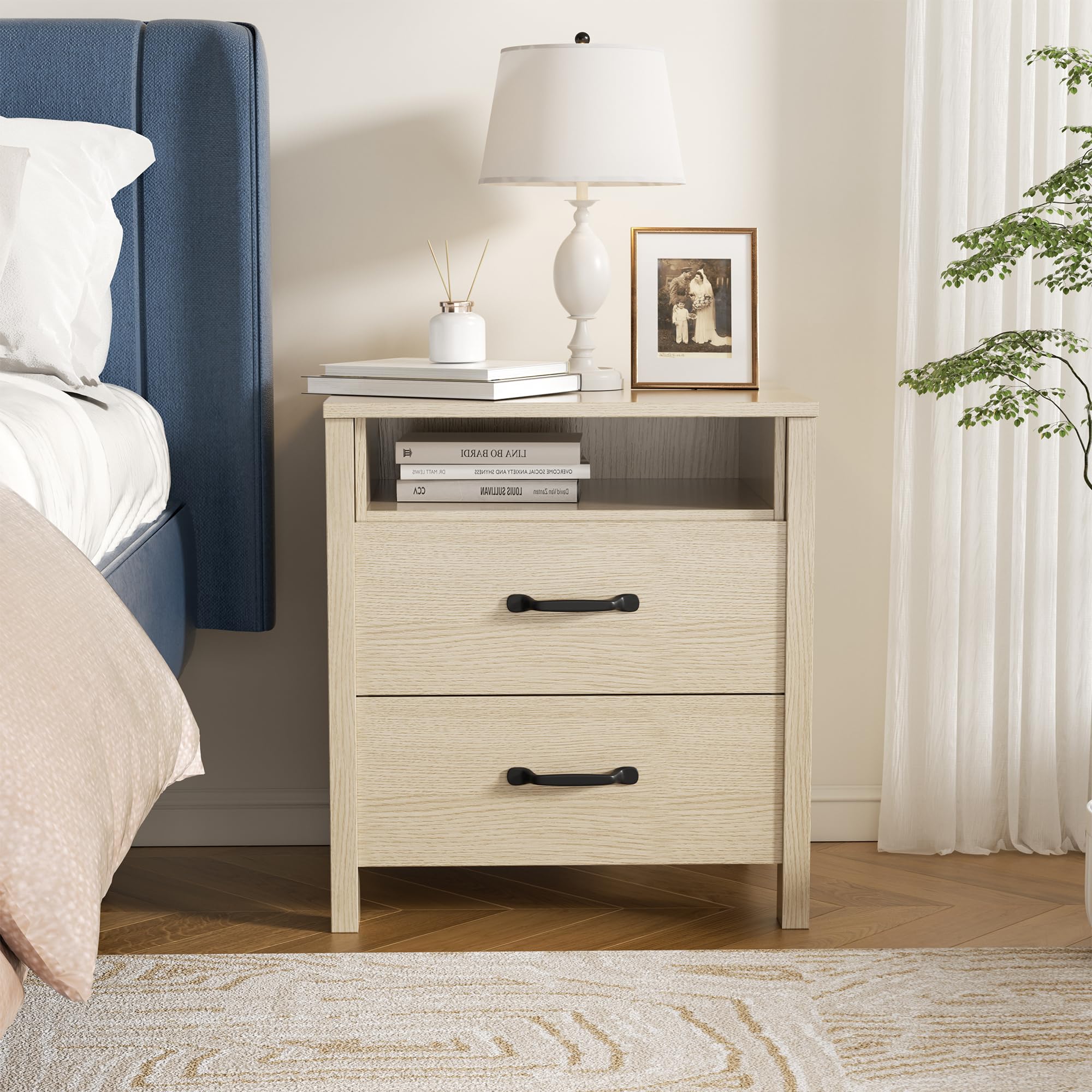 Modern Nightstands,Bedside Table with 2 Drawers,Engineered Wood End Table with Metal Handle,Mid Century NightStandS for Bedroom,Small Spaces,Apartment