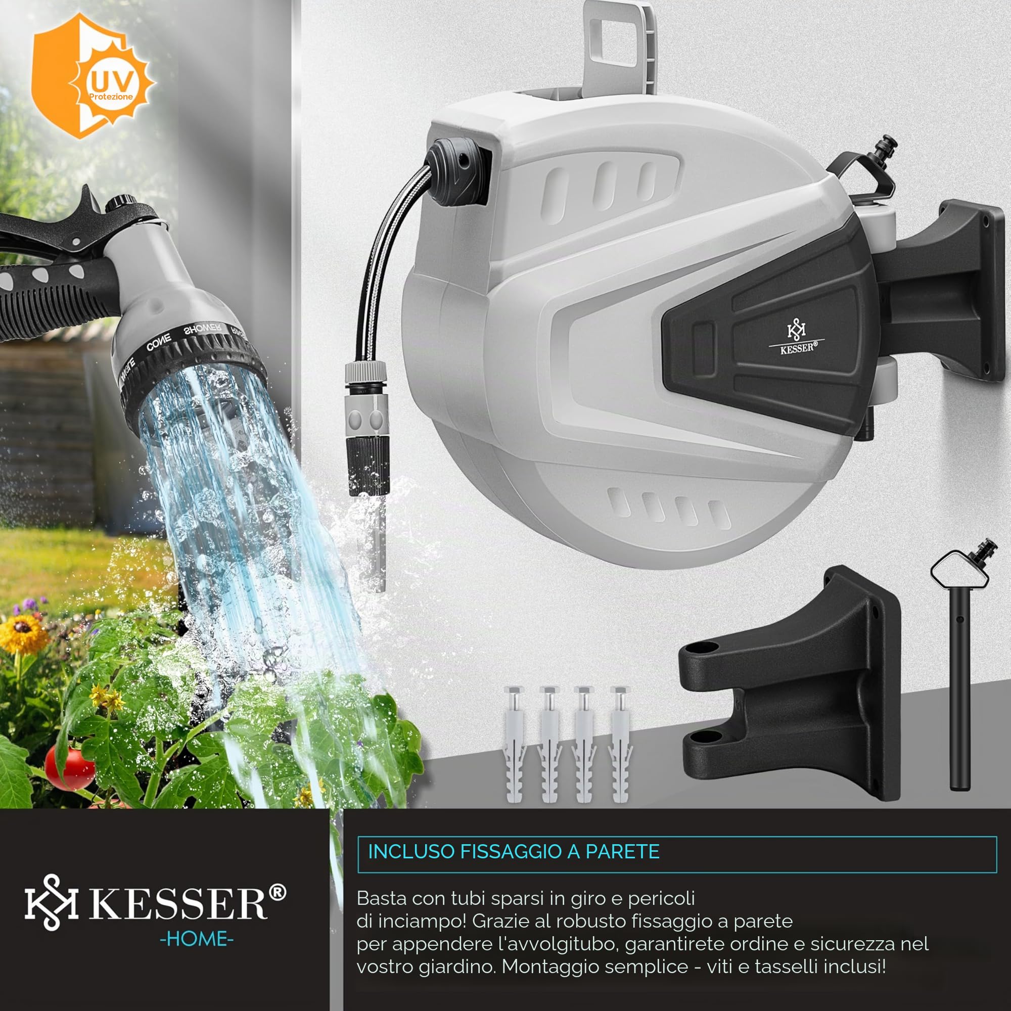 KESSER® Avvolgitore di Tubi Acqua | Doccetta Multipla | Orientabile a 180° | Tappo di riavvolgimento | Cassetta dei Tubi a Parete | Avvolgitubo dell'Acqua | Pompa da Giardino, Arancione, 15 Metri