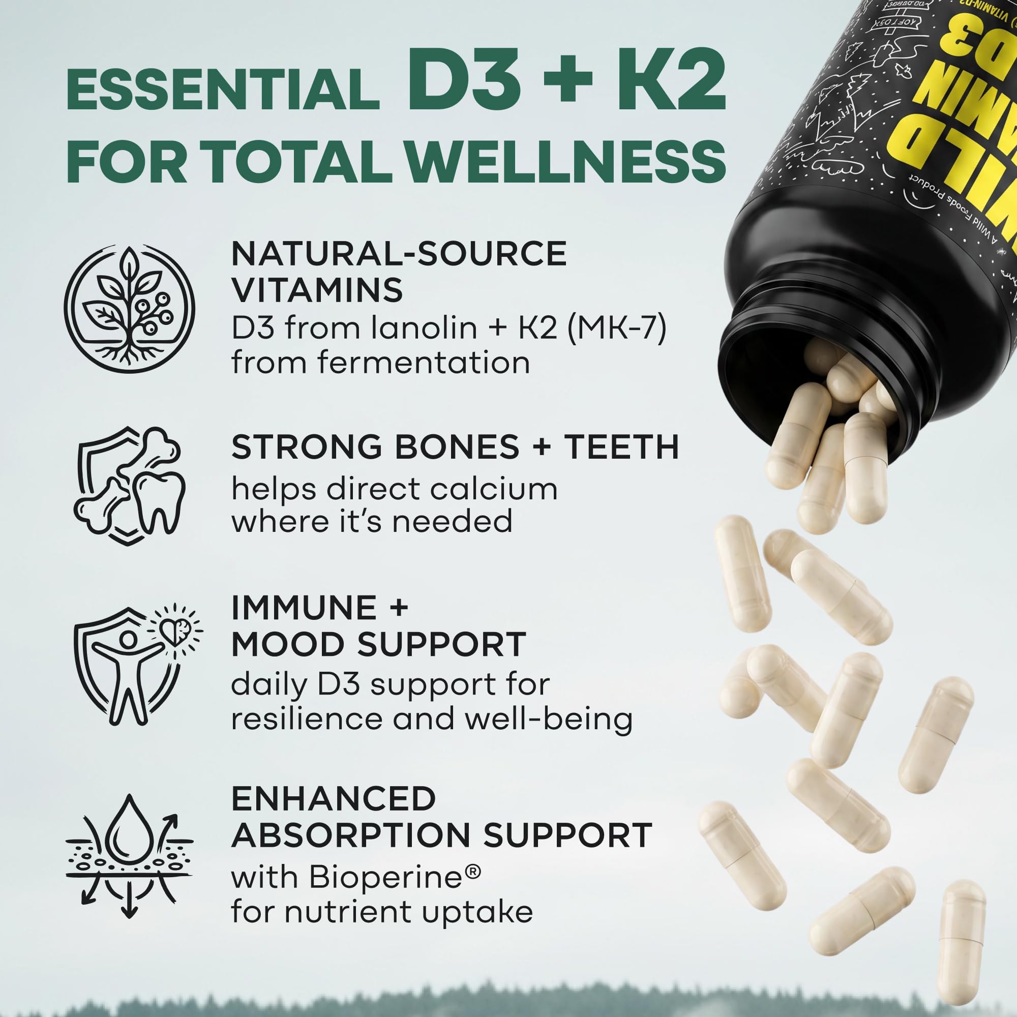Wild Foods Vitamin D3 + K2 5000iu (100mcg MK7), Bone & Heart Health, 60 Ct — Amazon image 2