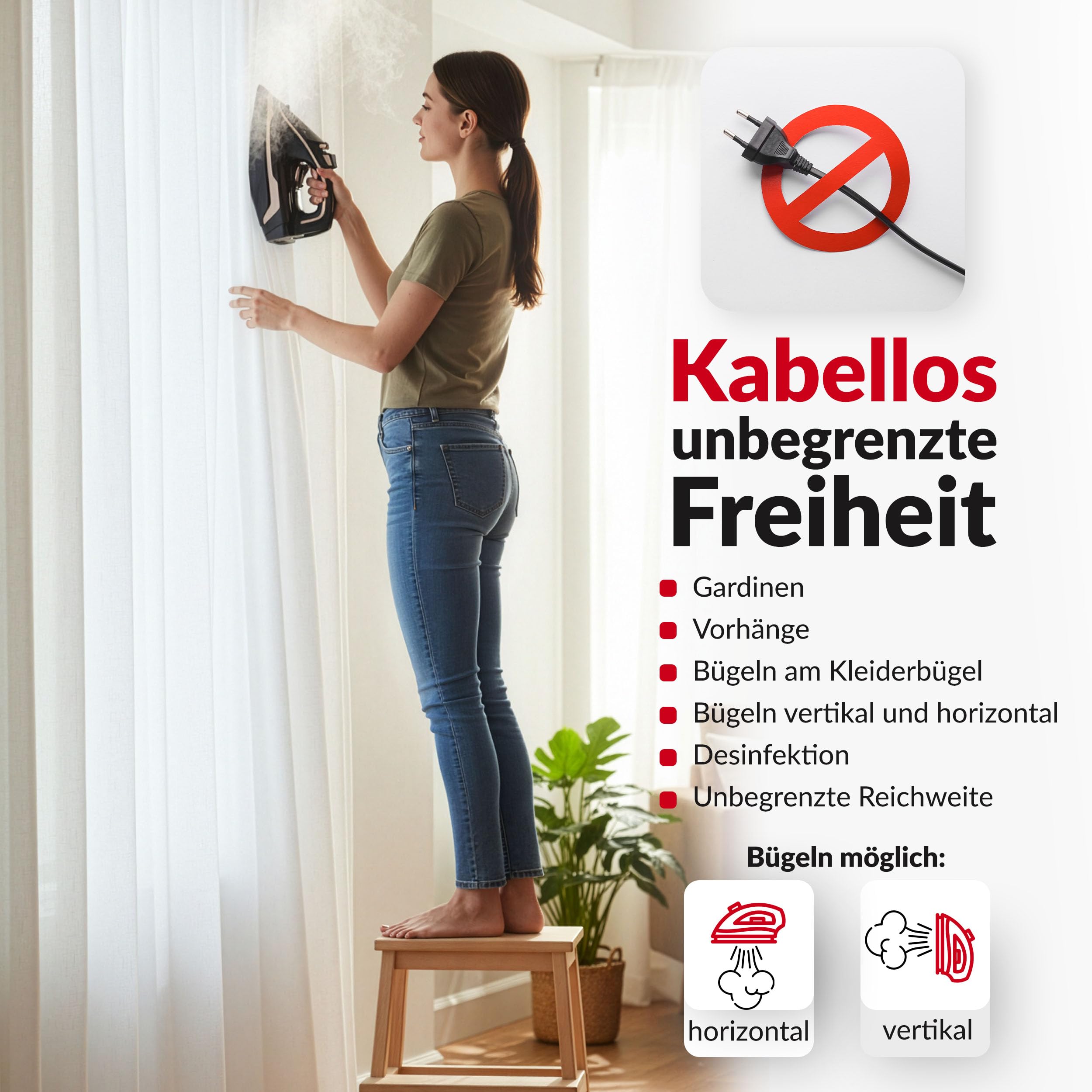 LEHMANN Bezprzewodowe żelazko parowe ze stacją ładującą, 3000 W, bezprzewodowe żelazko parowe z regulacją temperatury i 5 programami prasowania, podeszwa ceramiczna, pionowa para, automatyczne