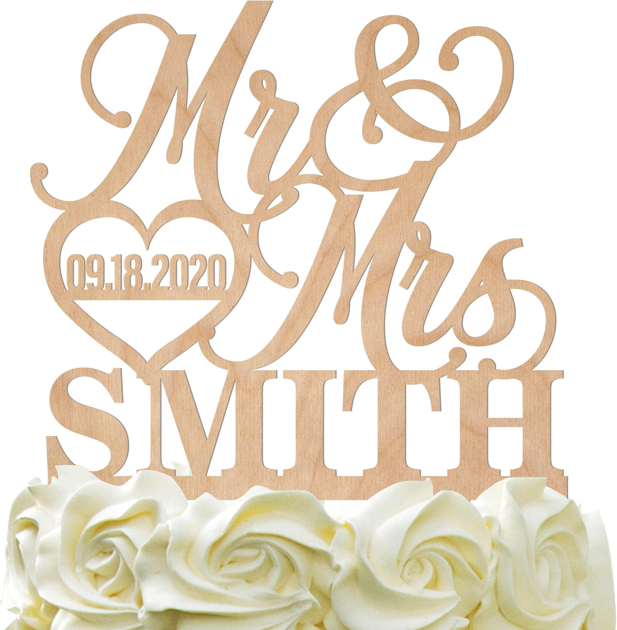 Personalized Mr Mrs Wedding Cake Topper - Customized Last Name & Date w/Heart - Wood Colors