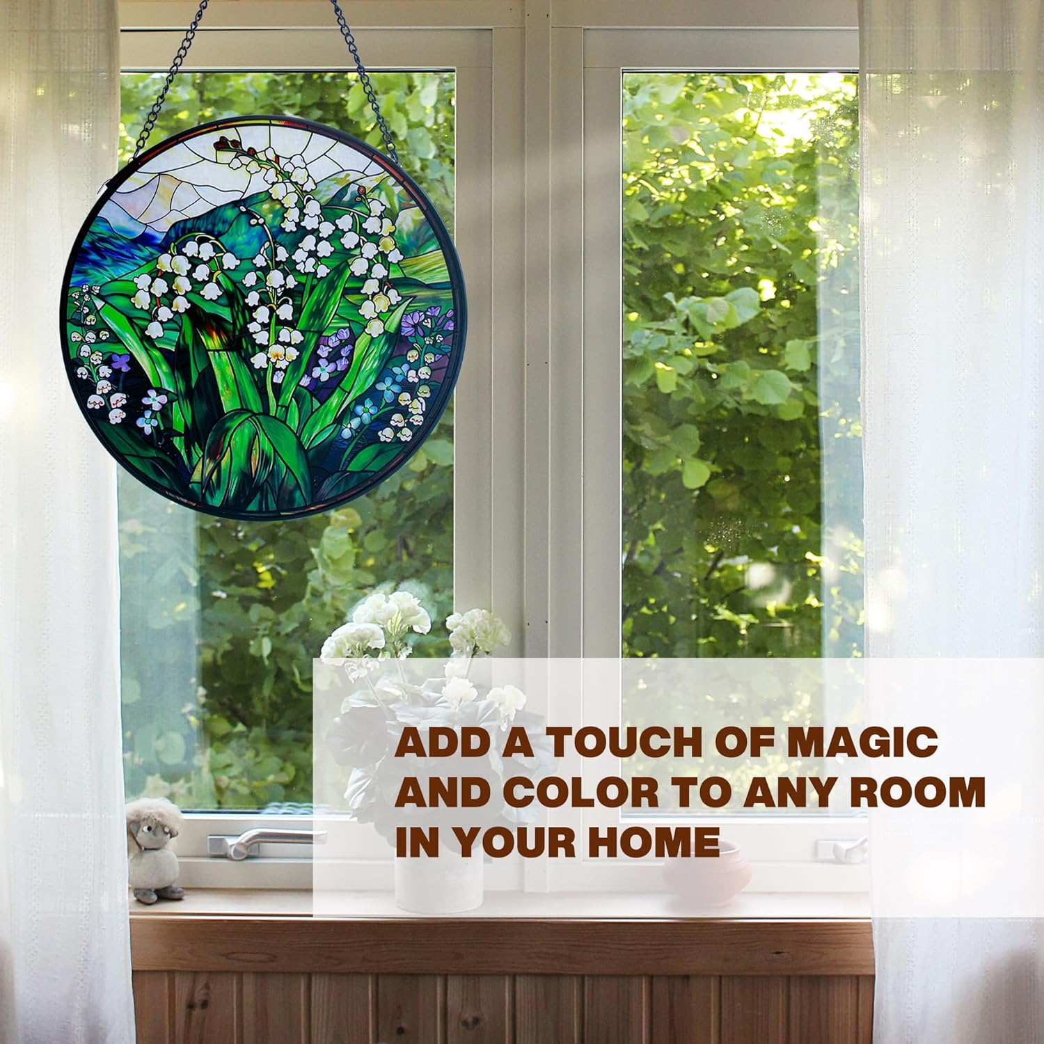 Stained Glass Window Hanging-7.8in Lily of The Valley Flower suncatcher for Window Doors Home Decoration, Christmas Thanksgiving Day Gift for Women, Men, and Mom Flower 7.8in