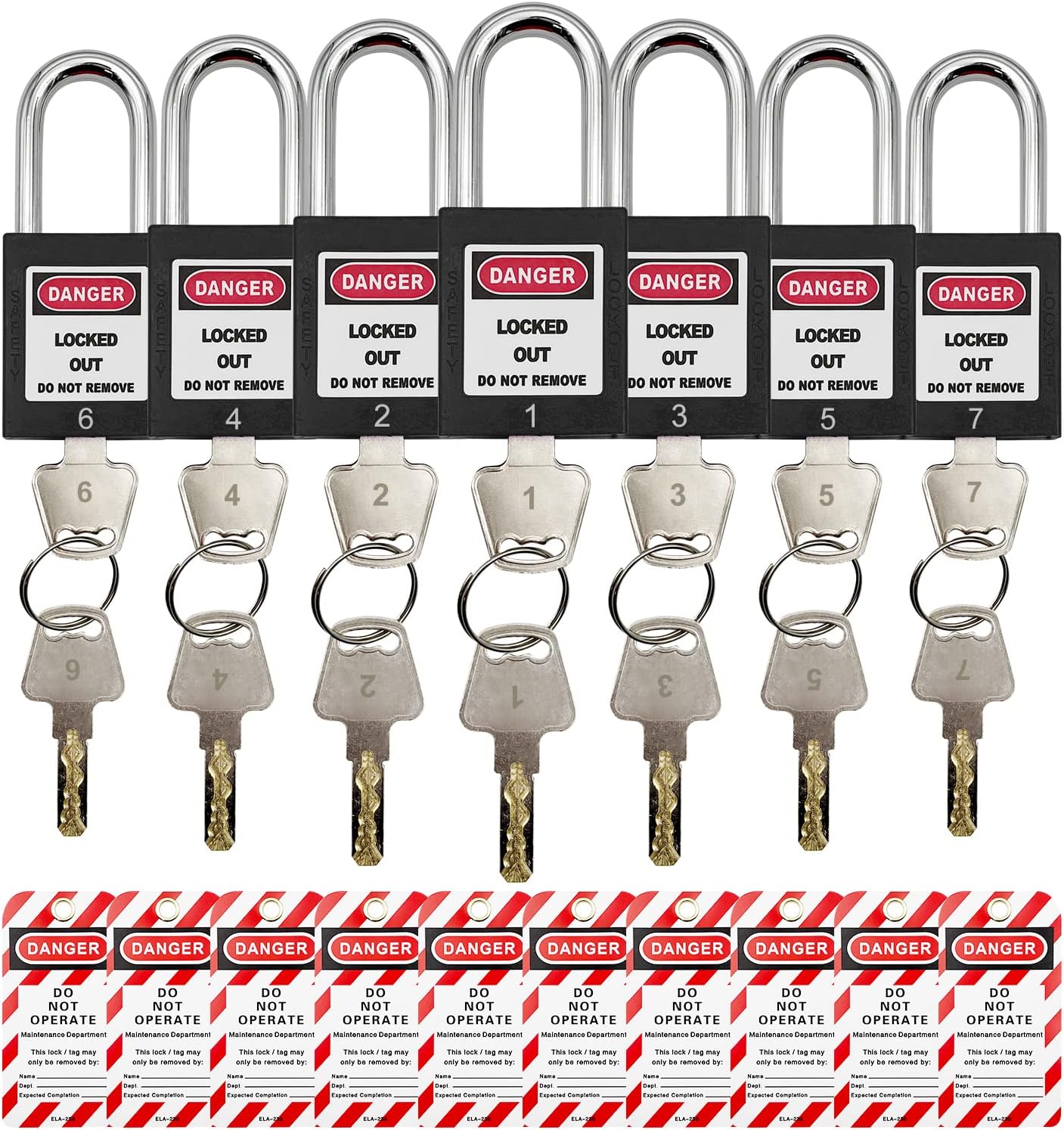 SAFBY Lockout Tagout Lock 7pcs Key Alike OSHA Loto Safe Padlocks and 10pcs Lockout TagOut Tags
