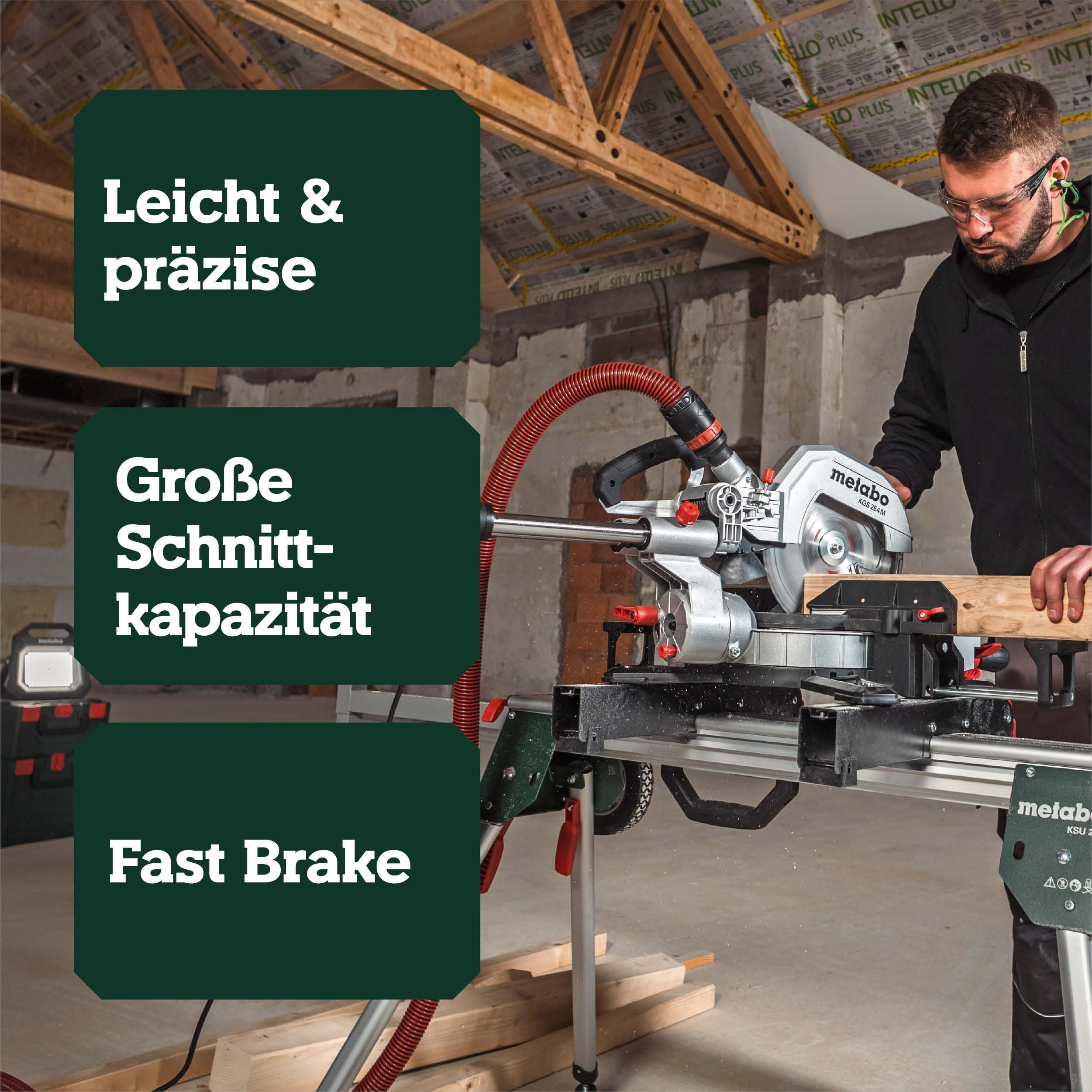 metabo Kapp- und Gehrungssäge KGS 254 M, Zugfunktion, 254 mm Sägeblatt | Präzise LED Schnittlinie PCL, Sanftanlauf, inkl. Sägeblatt Precision Cut Wood, Materialklemme & Spänefangsack
