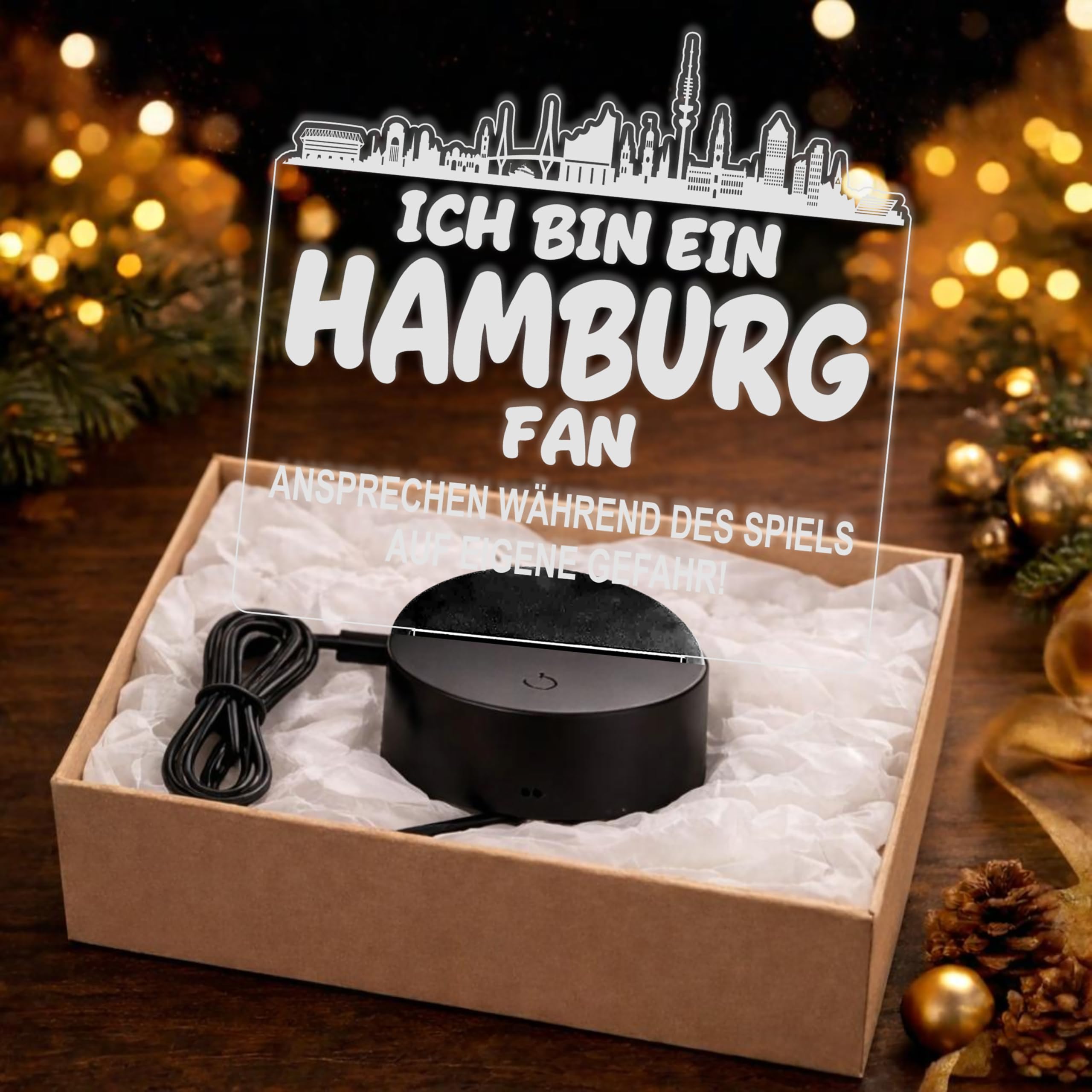 Lieblingsmensch Hamburg Fan Fußball LED Nachtlicht – 3D Skyline Design „Ansprechen auf eigene Gefahr“ – RGB Farbwechsel mit Fernbedienung & Touch – Stimmungslicht für die Man Cave – 19x23cm