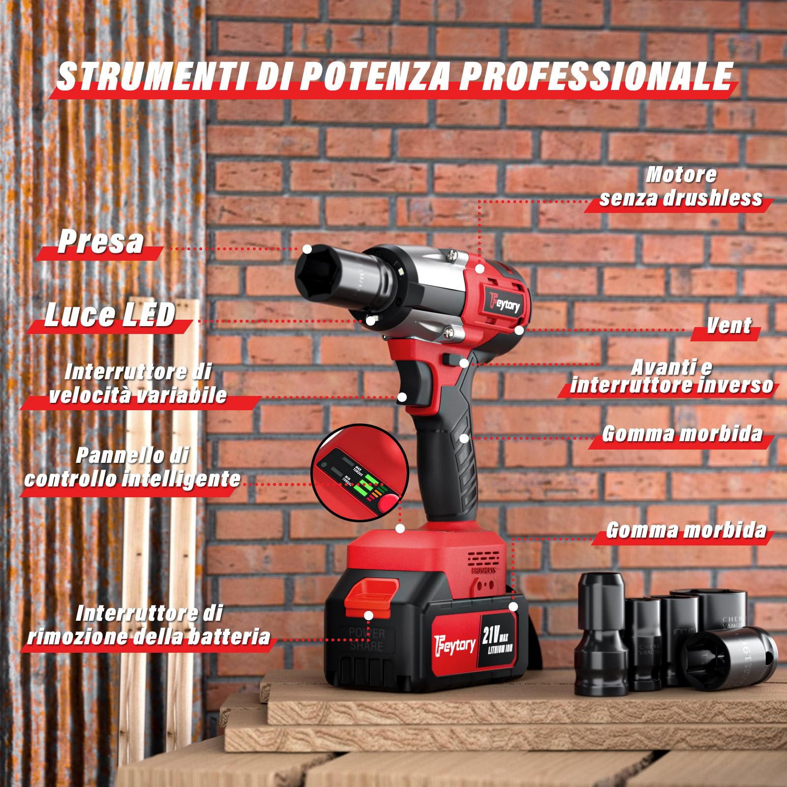 21V Avvitatore a Impulsi Brushless,Chiave Elettrica 3 in 1,3400 RPM, coppia massima di 550 N.M ,con 4 bussole, 12 punte per cacciavite, batterie da 3Ah, per il settore automobilistico e per la casa