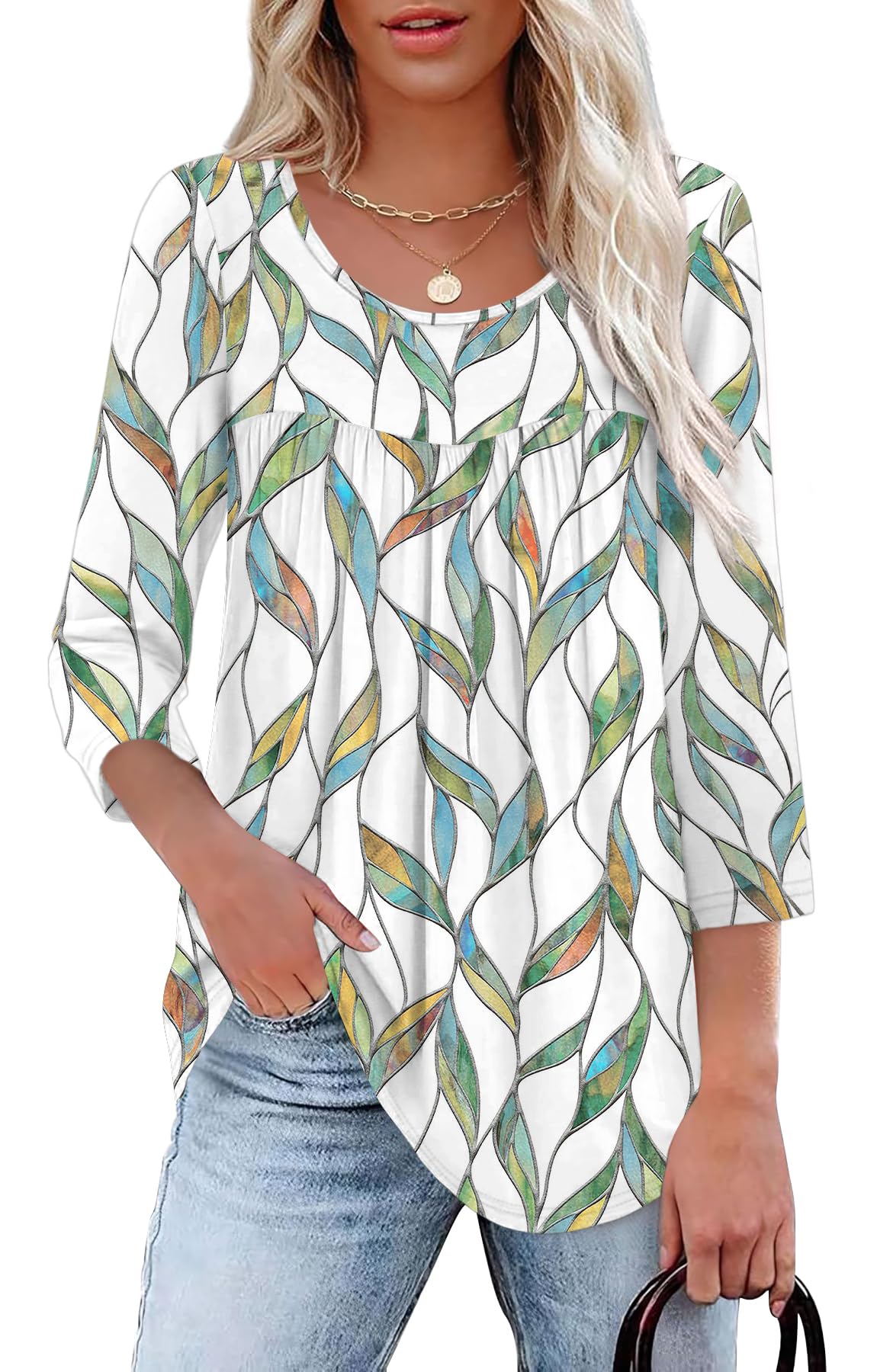 XIEERDUO 3/4 Length Sleeve Womens Tops Crew Neck Pleated Blouses For Women Dressy Casual Tunic Shirts S-3XL