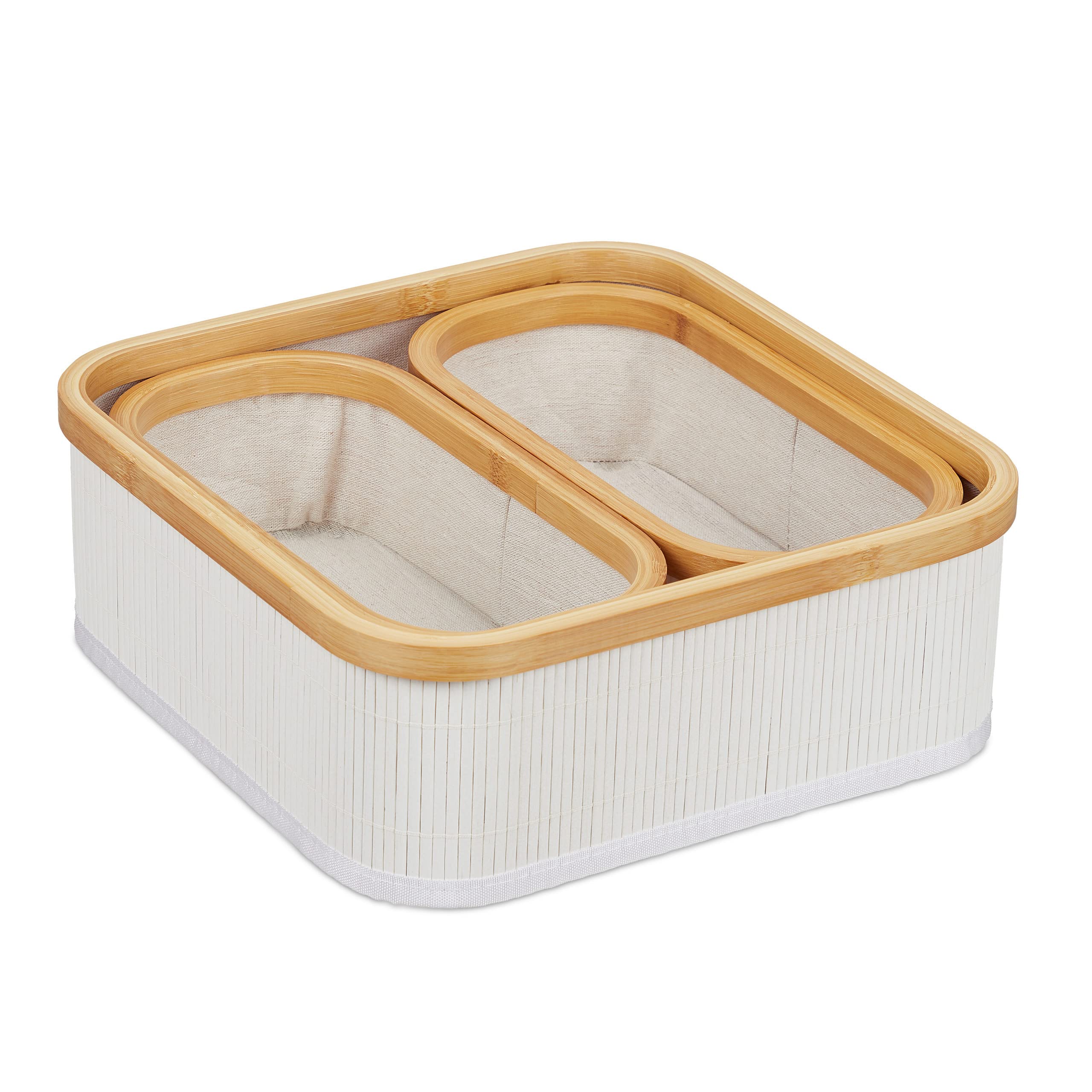 3 Paniers Rangement Bambou Relaxdays - Blanc/Gris - Pour Salle De Bain Ou Salon