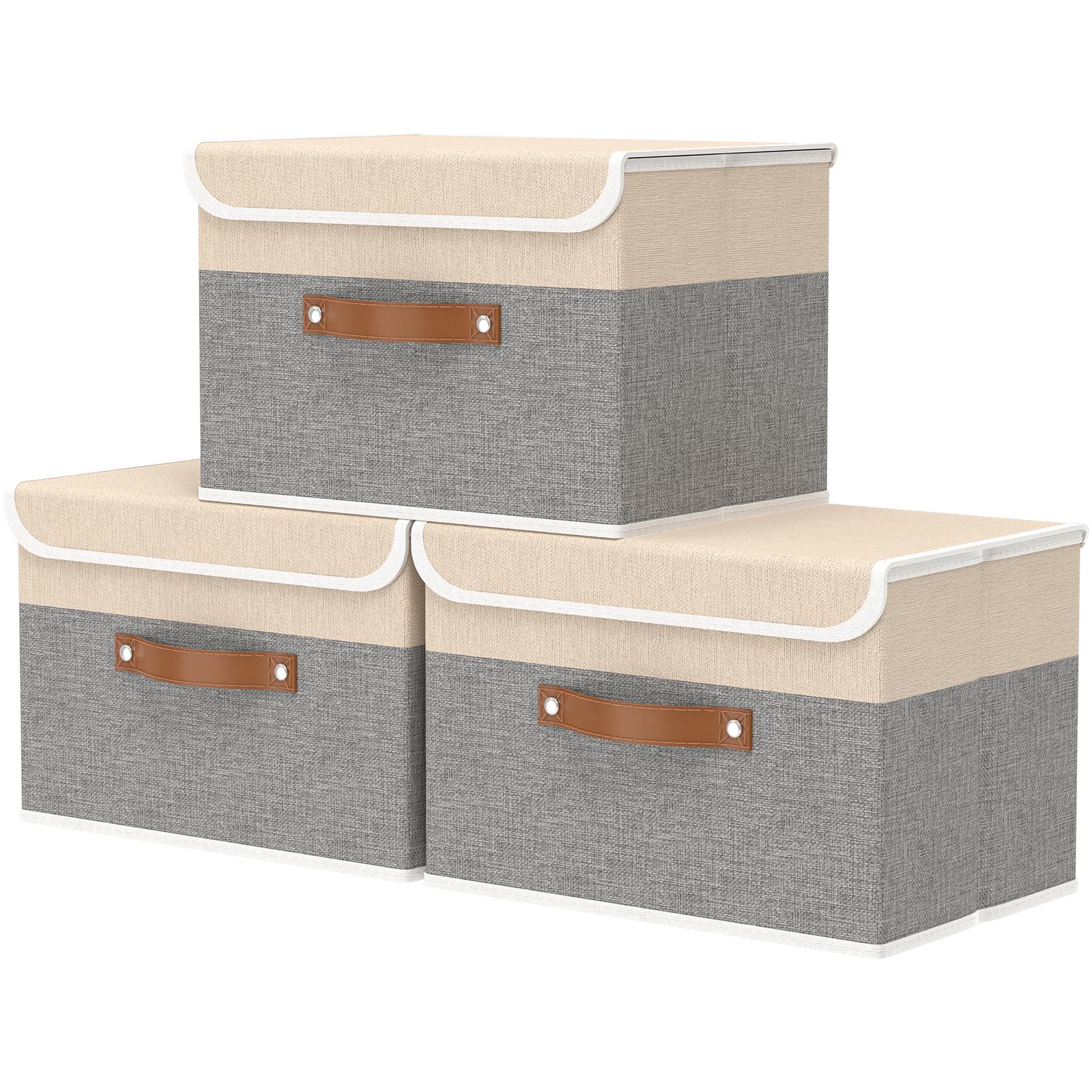 OUTBROS Grote opvouwbare opbergkubussen met deksel, linnen stoffen kledingkast, organizer voor handdoeken, kleding, 45 x 30 x 30 cm (beige/ grijs, set van 3 stuks