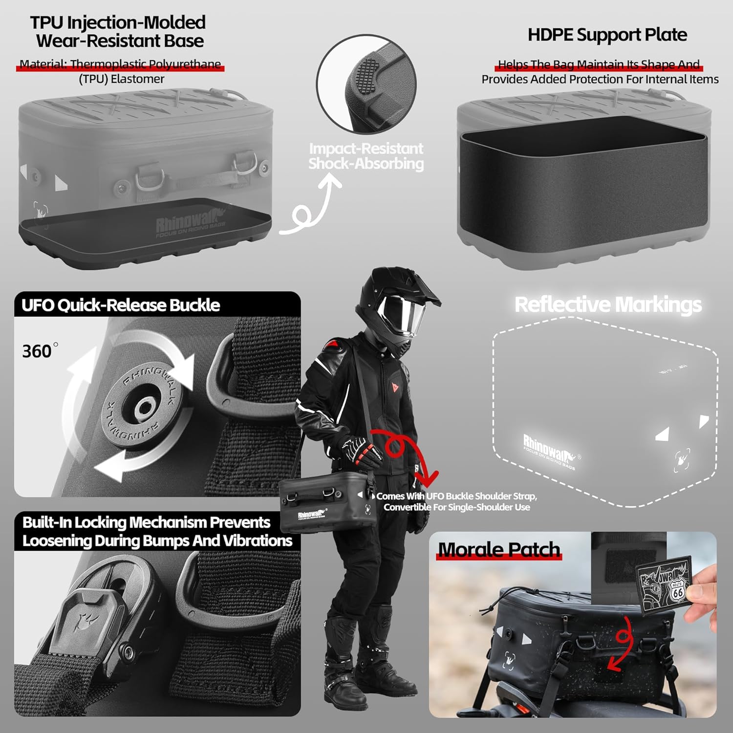 Rhinowalk 16L Waterproof Motorcycle Tail Bag – Dual Mount Rear Seat or Case Pack with MOLLE Panel, Thermal Lining, Camera Storage Dividers, Quick-Release Straps, Shoulder Carry Option (MFT2306)