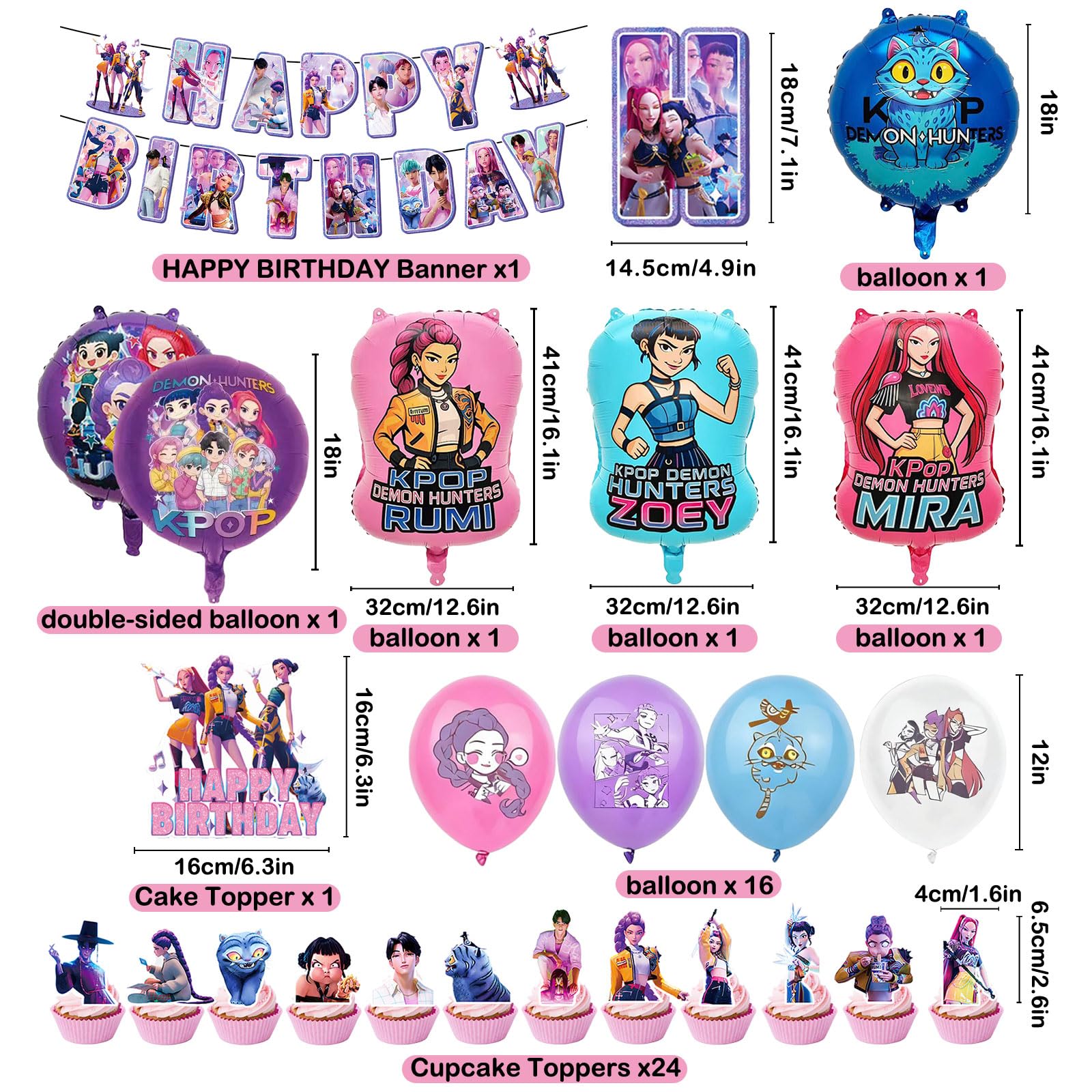 47pcs Set Decorazioni Festa di Compleanno, Tema Cartone Animato con Banner, Palloncini e Topper per Cupcake per Feste di Bambini (4)