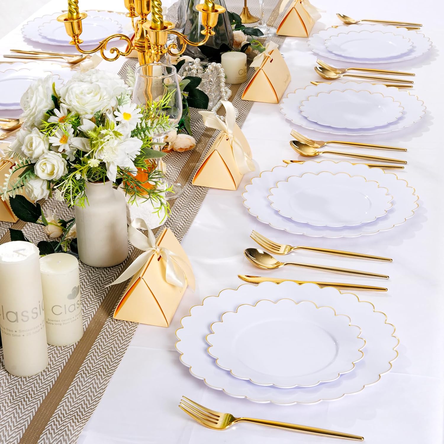 LIYH 60 Pcs Gold White Plastic Plates Scalloped Disposable Combo Includes 30 Dessert & 30 Dinner Plates for Valentines Day Birthday Wedding Party - Image 8