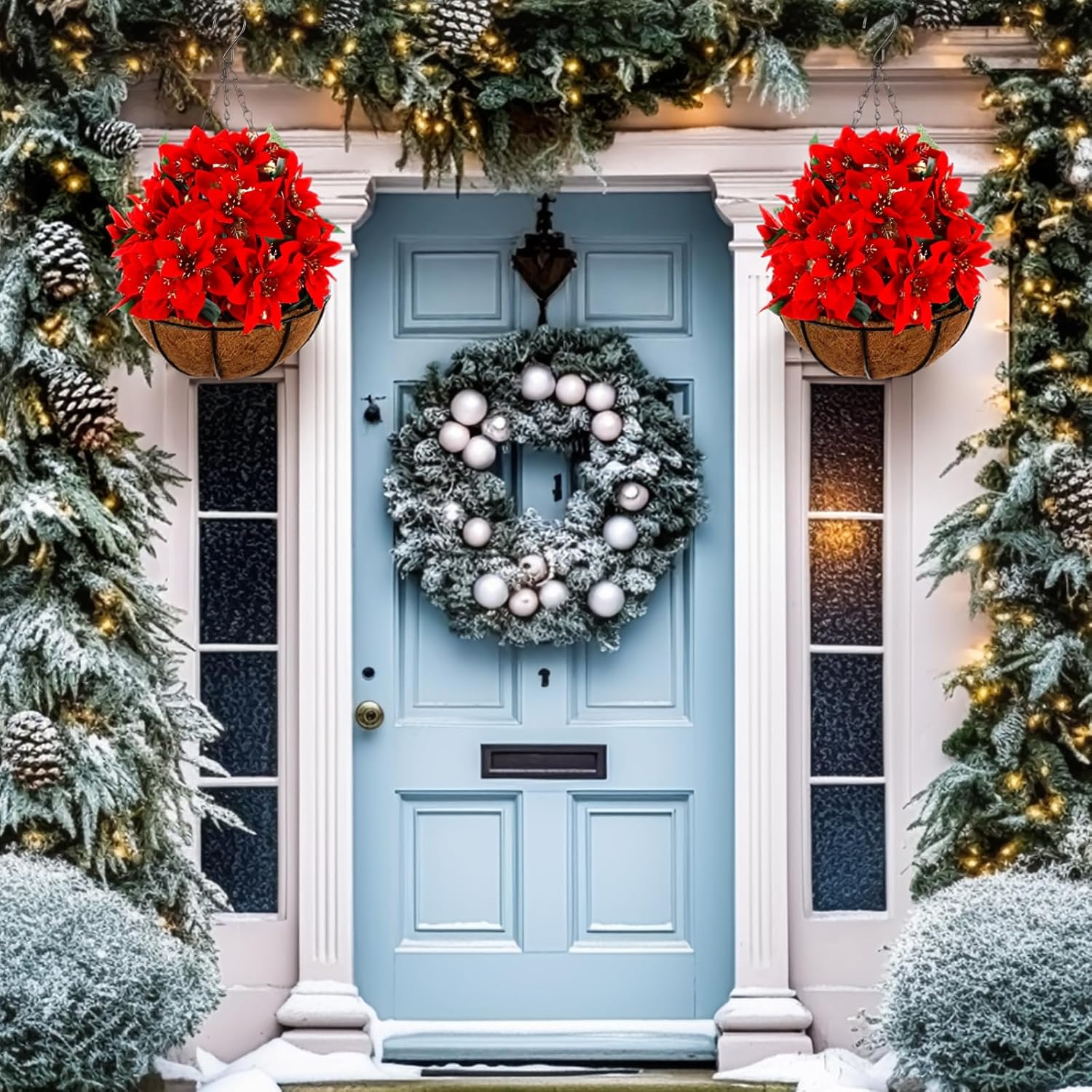 Retrowavy Artificial Christmas Poinsettia Flowers with Hanging Basket for Outdoor Decoration Christmas Hanging Baskets Artificial Poinsettias Plant Pot with Berries for Home Garden Xmas Decoration