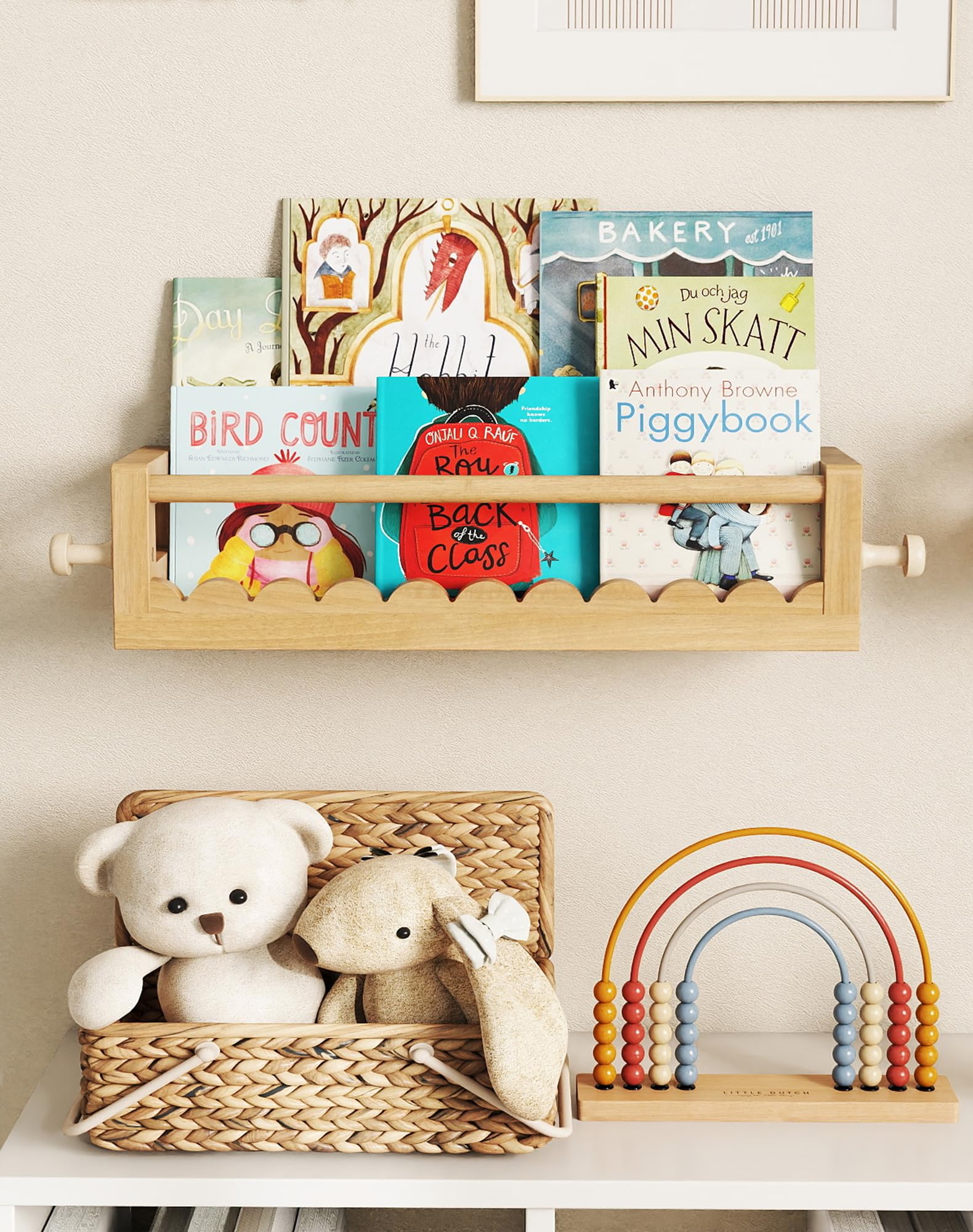 Estantes de pared para cuarto de bebé, estantes flotantes para habitación de niños, juego de 3 estantes con ganchos de madera, perfectos para lectores pequeños, niños y niñas, juguetes decorativos de 2