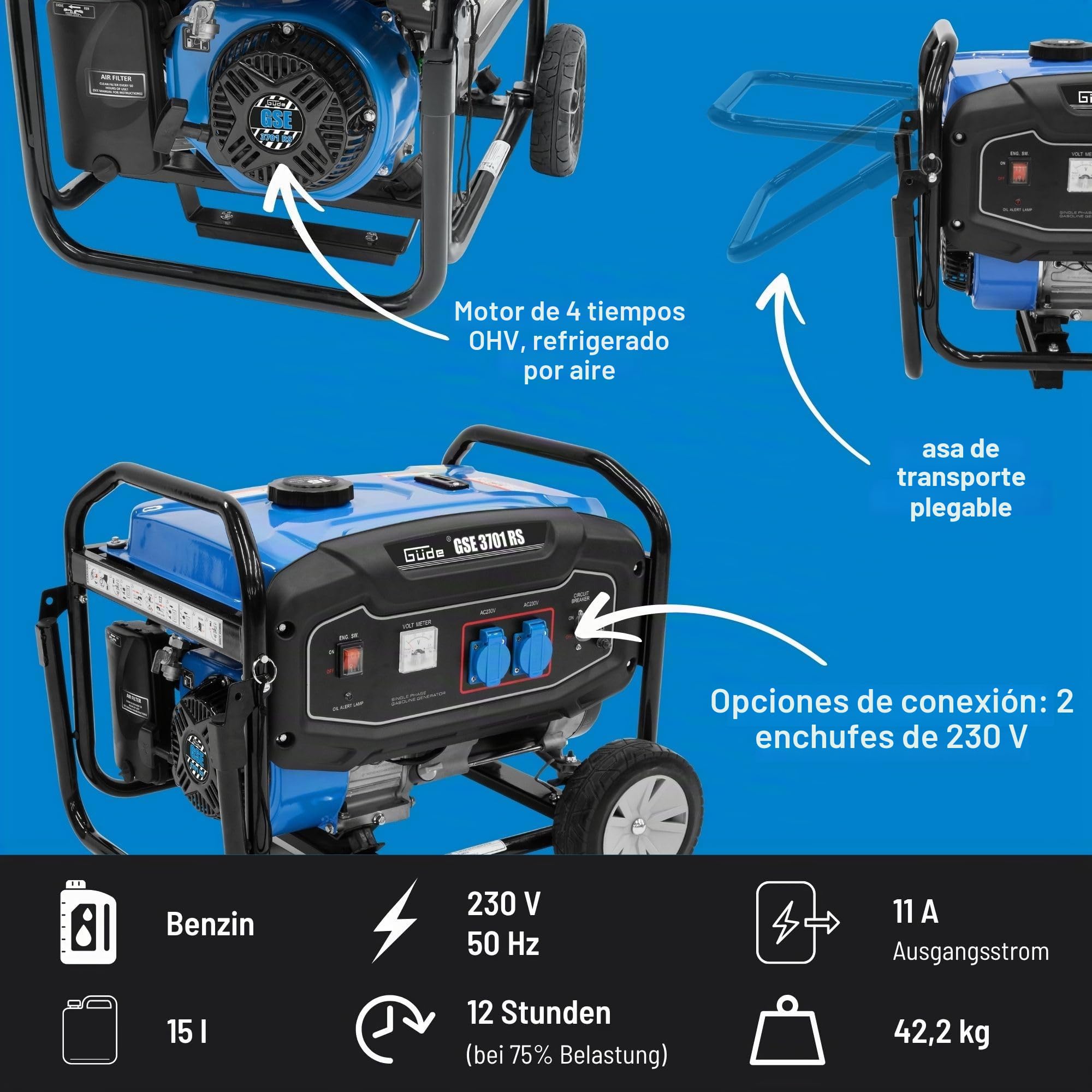 Güde Generador de corriente de gasolina GSE 3701 RS, Generadores Electricos
