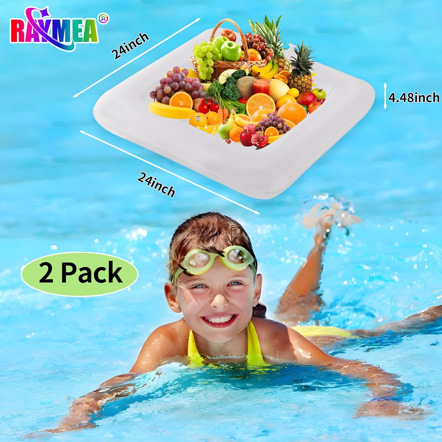 RAYMEA Inflatable Ice Serving Bar 2 PCS, Portable Salad Ice Tray Food Drink Pool Containers Inflatable Cooler for Summer Parties, BBQ, Graduation, Camping or Picnic (24 Inch White)