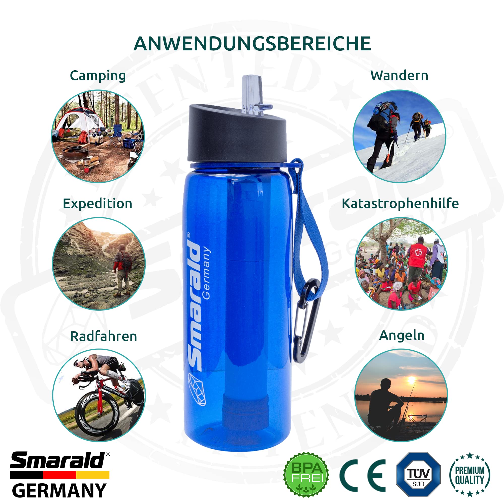 Botella de agua con filtro de agua integrado de 2 niveles, incluye 0,2 µm de bloqueo de gérmenes, filtro de viaje, botella de senderismo, botella de tritán, sin BPA con brújula
