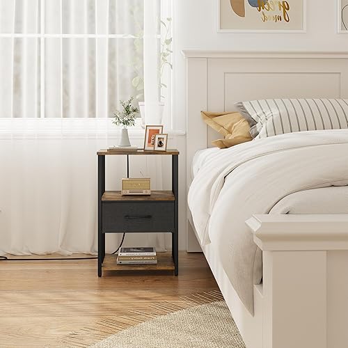 Miniatura 7 de TUTOTAK Juego de 2 mesitas de noche, mesita de noche con estación de carga, mesa auxiliar, mesita de noche con cajón de tela, mesa auxiliar para