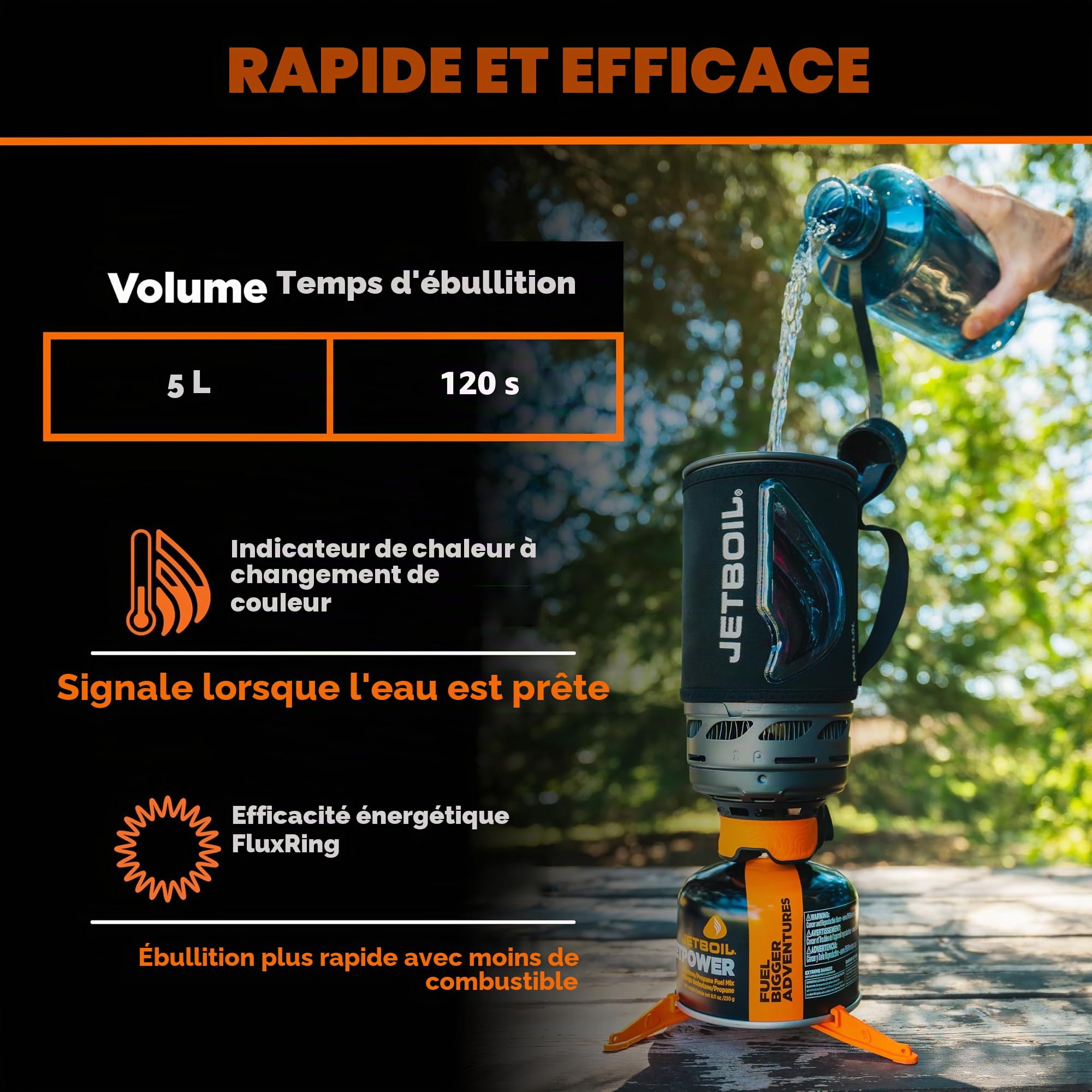 Jetboil Flash Réchaud portable à ébullition rapide avec presse française en silicone et allumage automatique pour camping et randonnée, brûleur au propane/isobutane avec tasse de cuisson, nouveau pour