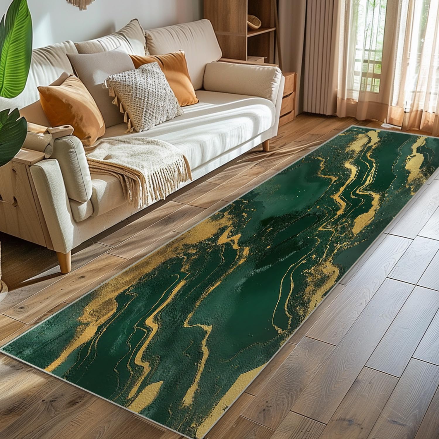 2x6 Area Rug Green Gold Runner Rug for Bedsite Kitchen Entryway Machine Washable Modern Rugs for Bedroom Ultra Soft Dining Room Carpet Non-Slip Non-Shedding Throw Rug for Home Office