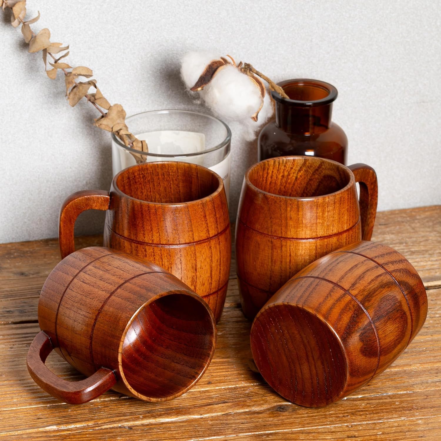 Holzbecher- und Tassen-Set, handgefertigt, rustikal, Bierkrug für Kaffee, Tee, Wein, Milch, 2-teilige Naturholz-Trinkgeschirr-Kollektion