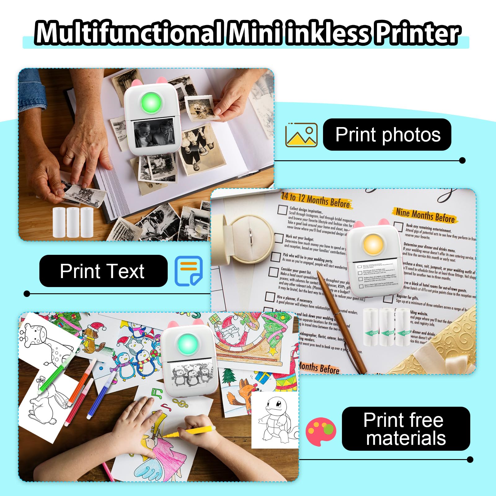 Mini Stampante Fotografica,Stampante Termica,immagine per foto, stampa di ricevute,stampante fotografica,con 10 rotoli di carta 1 adesivo per smartphone, per Fotografica Note Elenco Memo (Pink A)