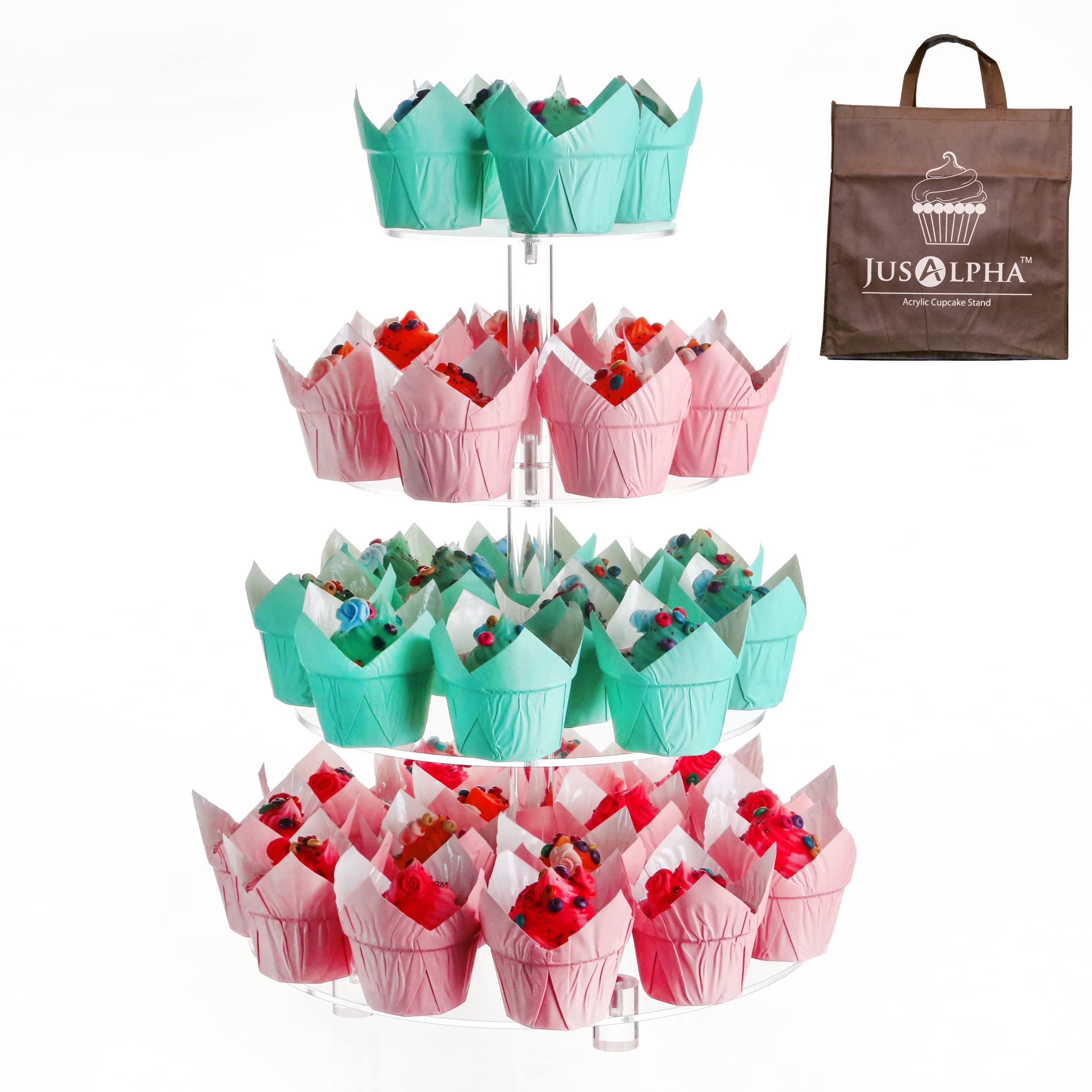 Jusalpha® Large 4 Tier Acrylic Glass Round Cake Stand-cupcake Stand- Dessert Stand-Tea Party Serving Platter-Candy Bar Party Décor, With Rod Feet 4RF-12