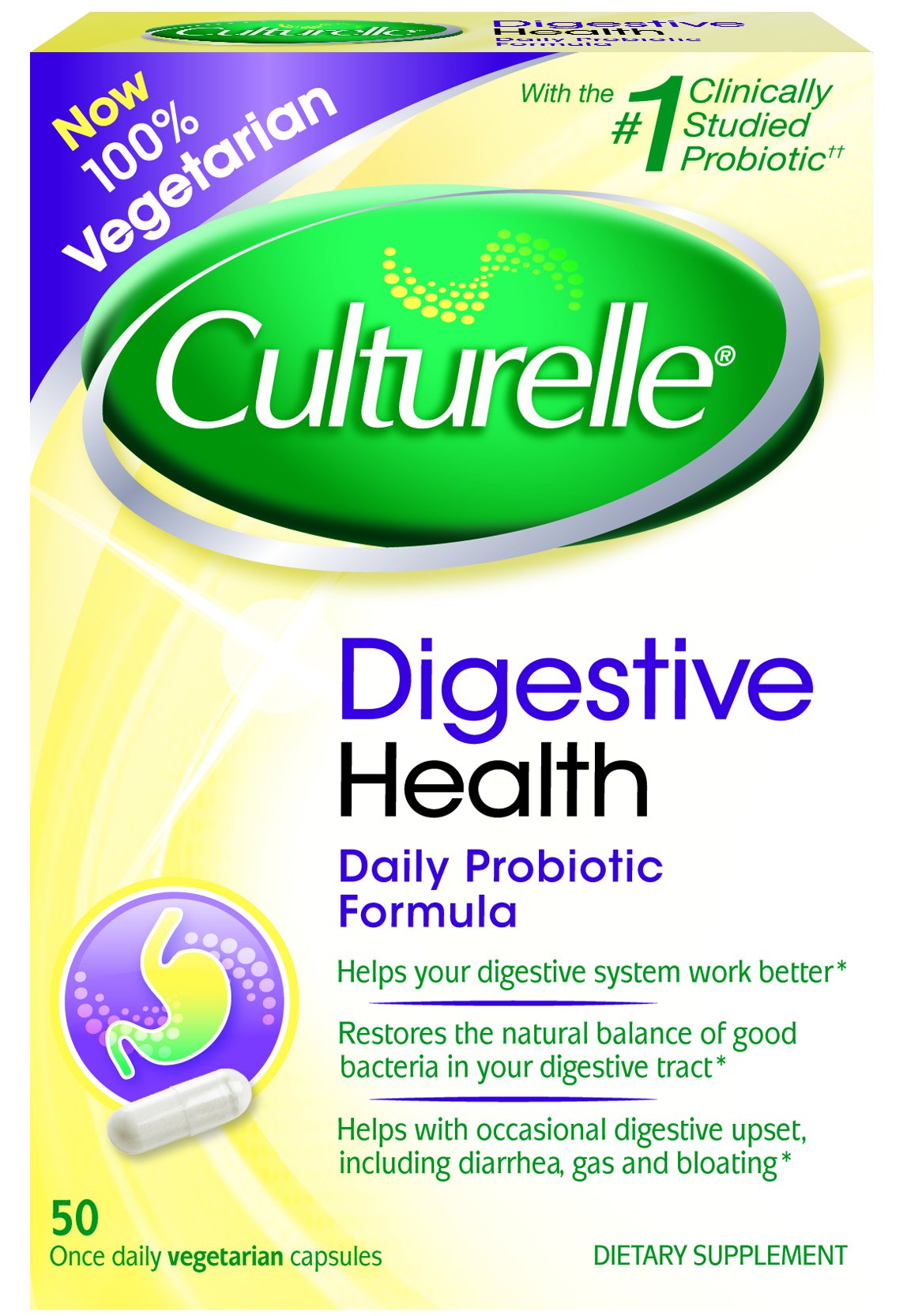 Culturelle Digestive Health Daily Formula Probiotic, One Per Day Dietary Supplement, Contains 100% Naturally Sourced Lactobacillus GG –The Most Clinically Studied Probiotic†, 50 Count