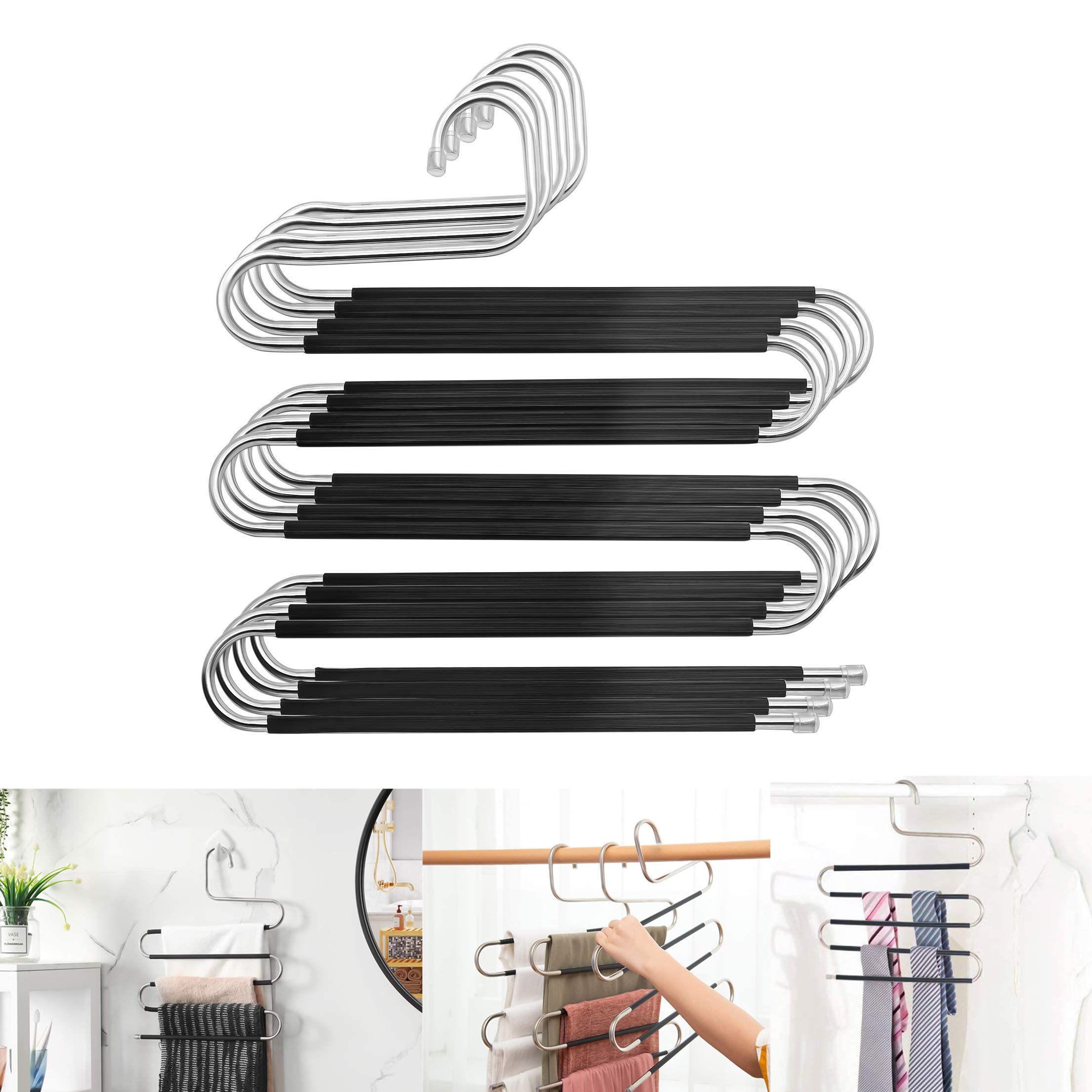 Trouser Hangers, 4Pcs Space Saving Stainless Steel S-Type Pants Hangers Multiple Pants Rack Non-Slip Closet Organizer for Scarf Jeans Trousers Towels Ties Towels and More