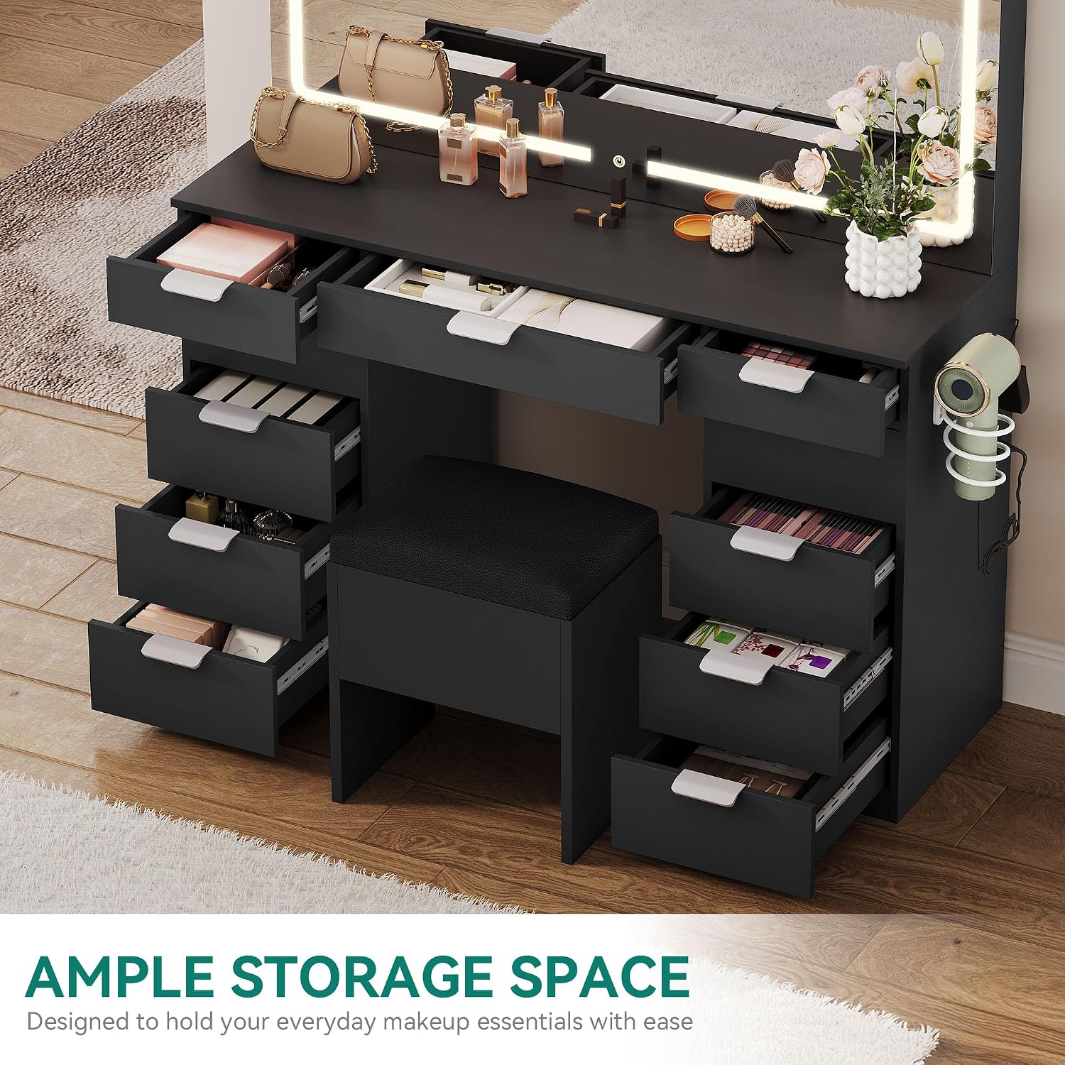 YITAHOME 46'' Vanity Desk with Large LED Lighted Mirror & Charging Ports, 11-Drawer Makeup Table Set with Storage Stool for Dressing Room, 3 Lighting Modes Brightness Adjustable, Black Finish