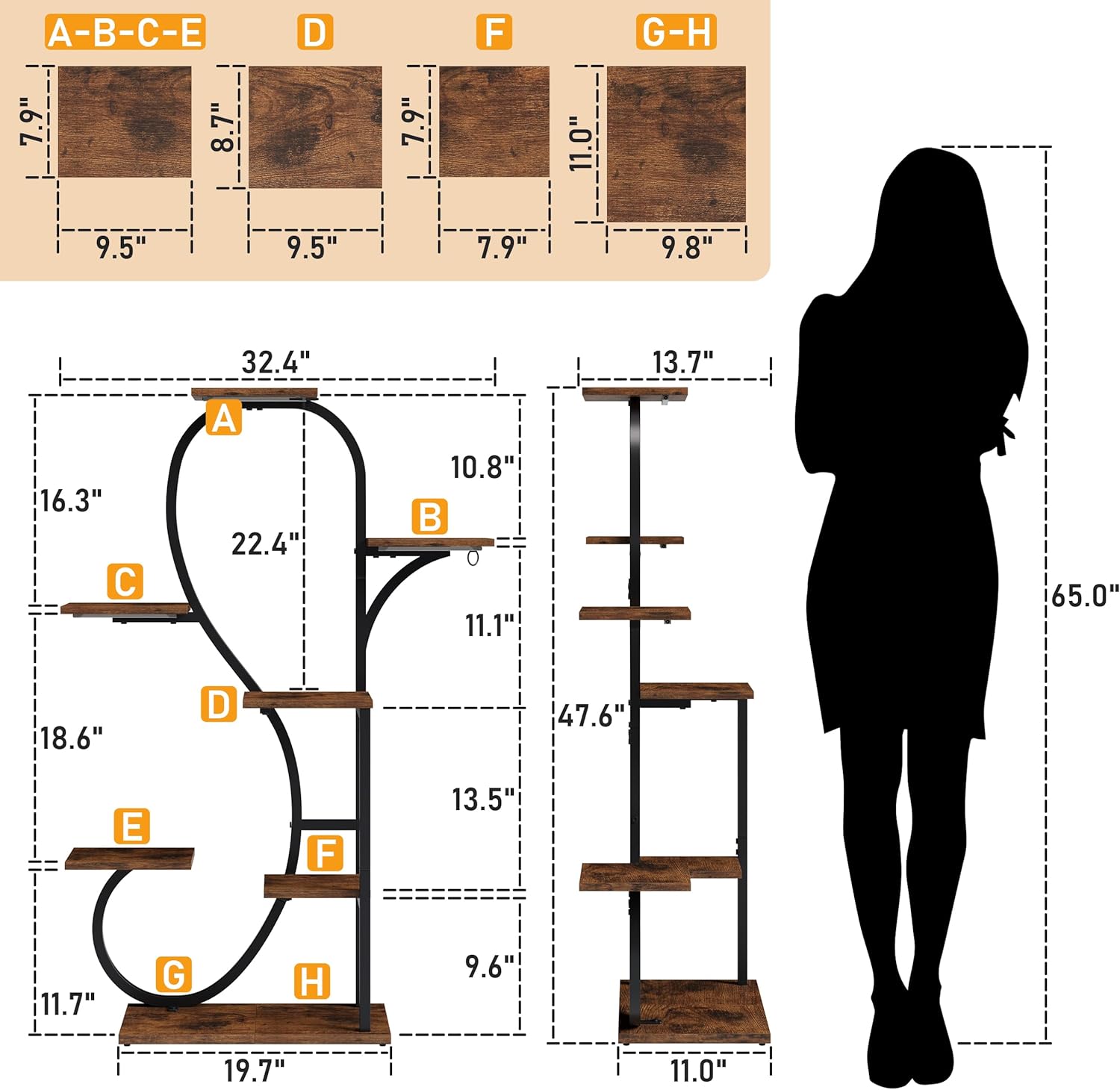 POZILAN Plant Stand Indoor with Grow Lights - 47" Plant Shelf Indoor, 7 Tiered Plant Stands for Indoor Multiple Plants, Metal Corner Plant Holder, S-Shaped for Living Room, Patio, Home Décor, Black