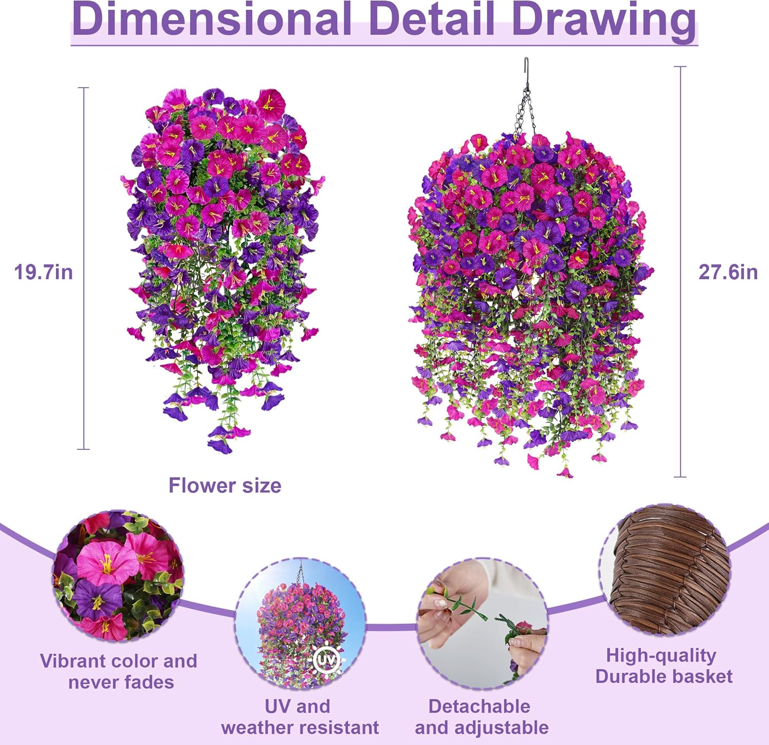 Artificial Hanging Flowers with Basket, 480 Blooms UV Resistant Faux Morning Glory Silk Plants, Fast & Easy Assembly Fake Hanging Baskets for Outdoor Porch Patio Garden Decor, Fuchsia&LightPurple