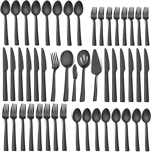 LIANYU Juego de cubiertos de 65 piezas color negro mate con utensilios para servir, juego de cubiertos de acero inoxidable para 12, vajilla cuadrada