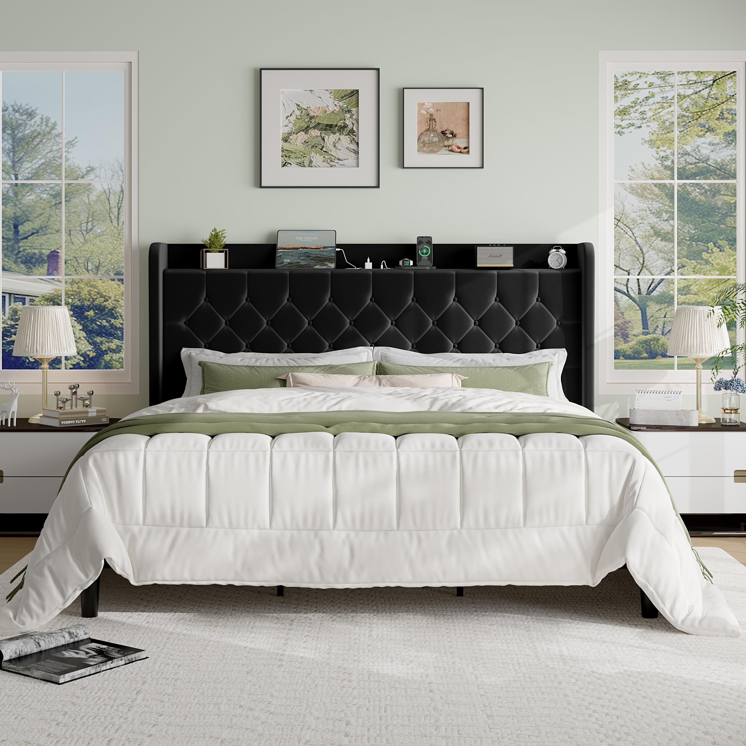 SHA CERLIN King Size Platform Bed Frame with Charging Station, Velvet Wingback Headboard with Storage Shelf, Wooden Slats Support, Ample Under-Bed