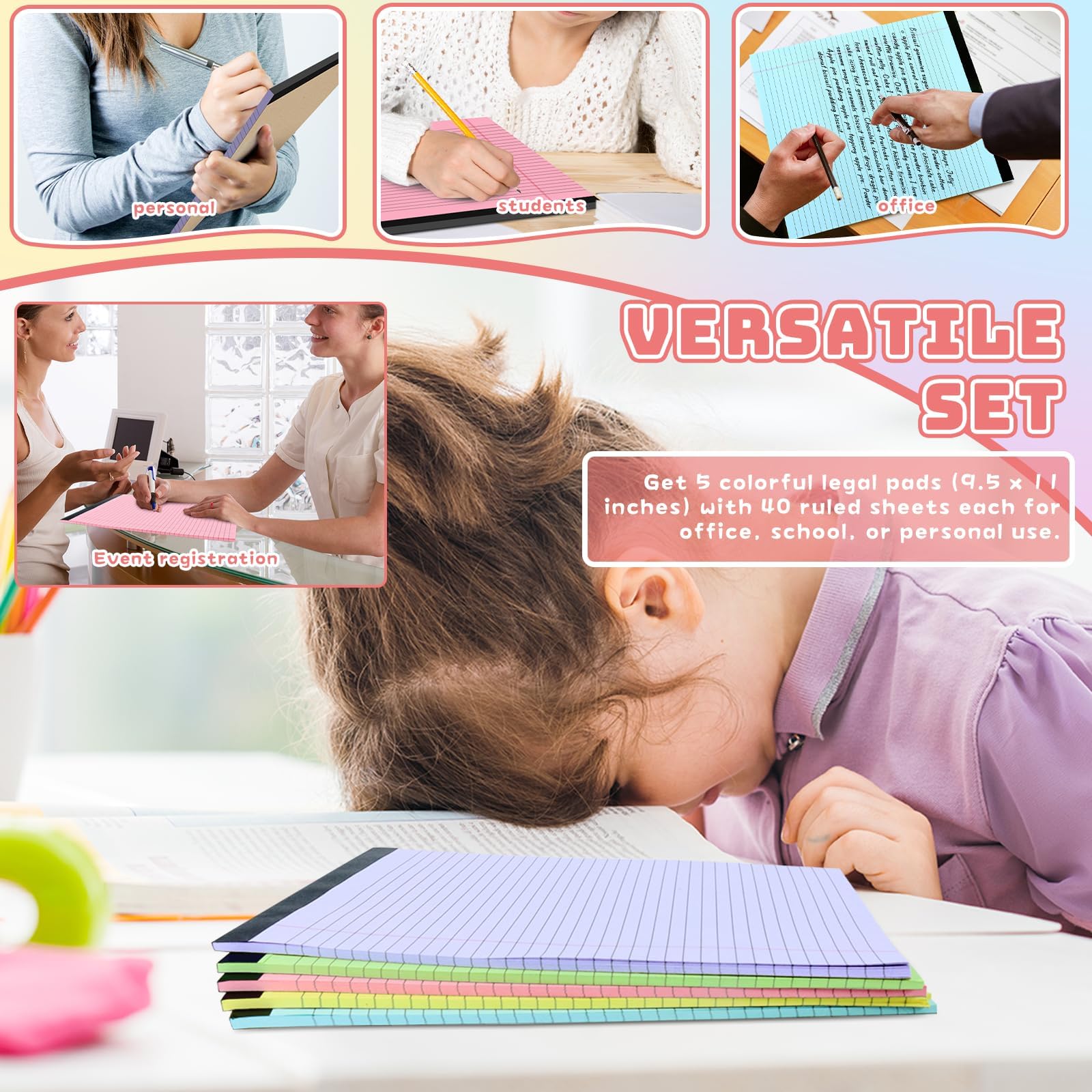 Tecmisse Paquete de 5 blocs de notas legales de 9.5 x 11 pulgadas, bloc de papel rayado de colores, bloc de escritura universitaria rayado, 40 hojas de cada bloc de papel para suministros escolares y