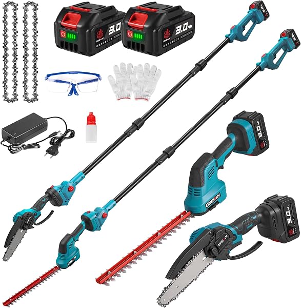 Taille-haie et tronçonneuse sur perche à batterie, orientable 180°, moteur brushless, 2 batteries 3,0 Ah