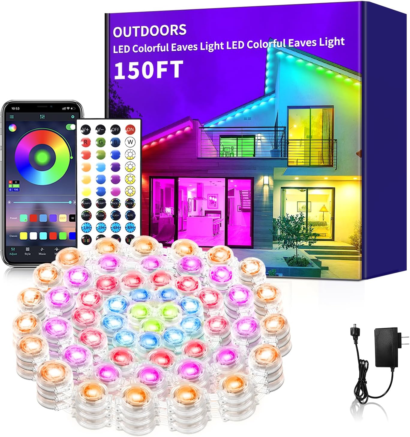 150FT Permanent Outdoor Lights,Waterproof Smart LED Christmas Lights with App/Remote Control,Music synchronisation，Permanent Outdoor Light for House,Roof,Christmas Party Holiday Decor