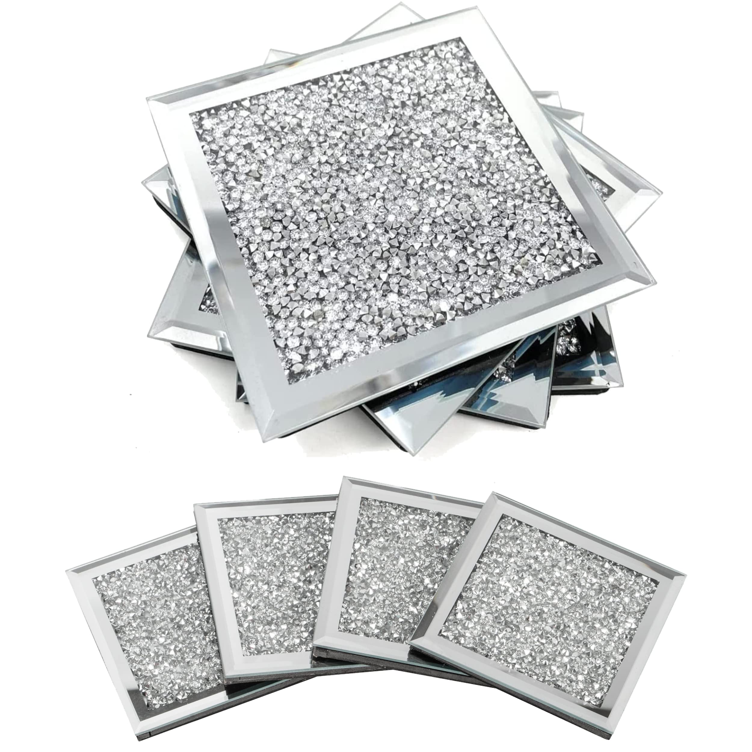 Glamified , Glam Silver Glamified 4 X Square Mirrored Crushed Crystal Coasters Sparkle Diamond Glitter Uk