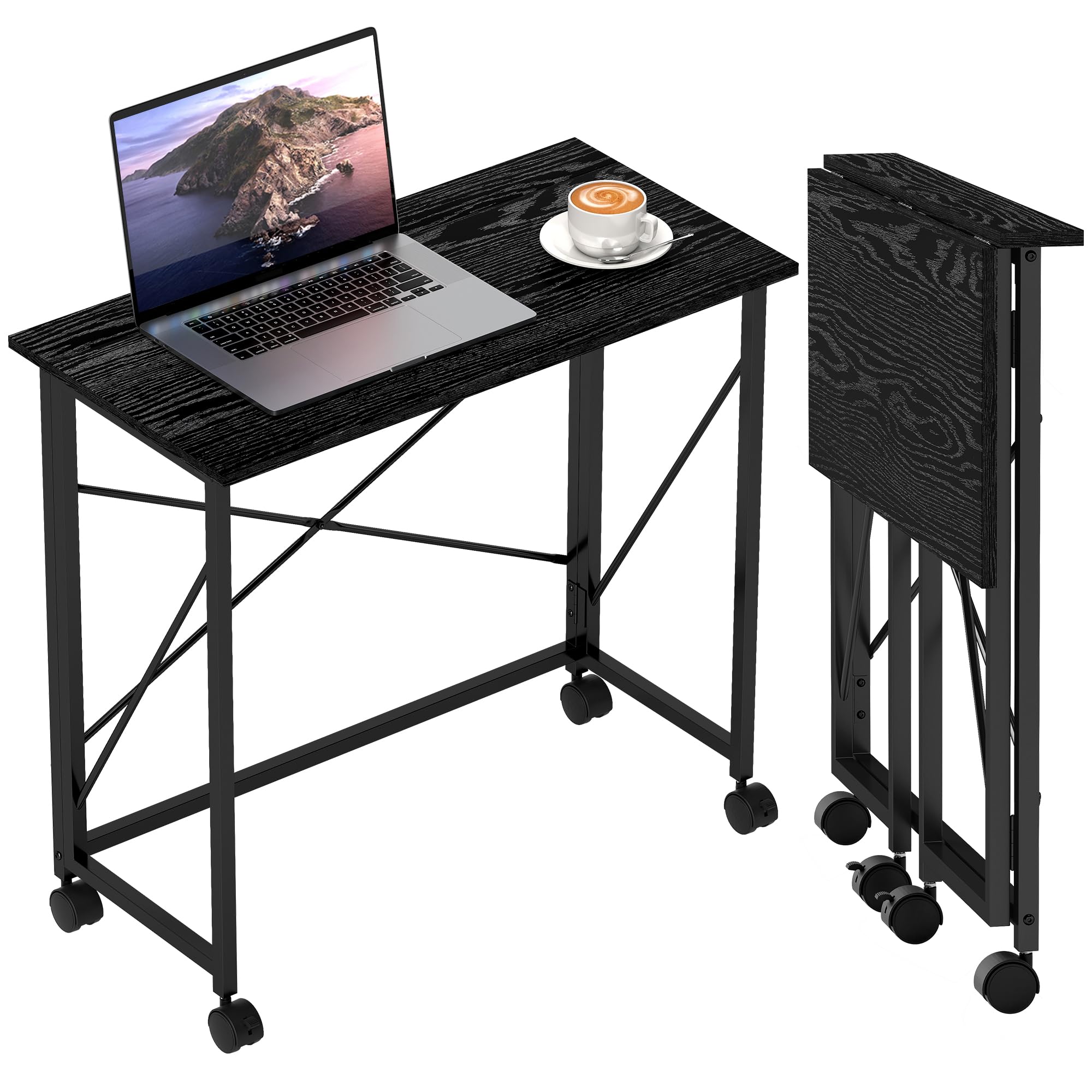 HOMCOM Small Folding Desk, 80 cm on Wheels for Small Space, Black