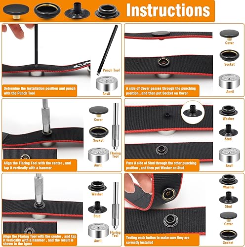 Miniatura 4 de Kit de 274 piezas de tornillos de metal a presión de acero inoxidable de grado marino, botones a presión con punzón de agujero y herramientas de