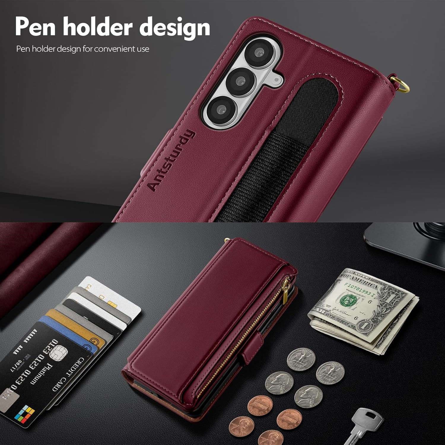 Antsturdy Compatible with Samsung Galaxy Z Fold7 Case Wallet with Card Holder,Z Fold 7 5G Phone Case with Strap Shockproof PU Leather RFID Blocking Flip Cover Credit Card Slots Women Men,Wine Red